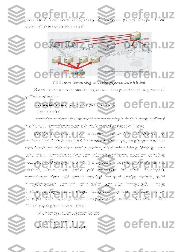 javob   berish   bilan   ovora   bo lib,   asosiy   ish   faoliyatini   yurgiza   olmaydi.   Serverʻ
xizmat qilishdan voz kechib qoladi. 
3.2.2-rasm. Serverning so rovlarga javob berish tizimi.	
‟
Xizmat   qilishdan   voz   kechish   hujumidan   himoyalanishning   eng   samarali
yo llari quyidagilar: 	
ʻ
- tarmoqlararo ekranlar texnologiyasi (Firewall); 
- IPsec protokoli. 
Tarmoqlararo ekran ichki va tashqi perimetrlarning birinchi himoya qurilmasi
hisoblanadi. Tarmoqlararo ekran axborot kommunikatsiya texnologiya 
(AKT)larida   kiruvchi   va   chiquvchi   ma‘lumotlarni   boshqaradi   va
ma‘lumotlarni  filtrlash  orqali  AKT   himoyasini  ta‘minlaydi, belgilangan  mezonlar
asosida   axborot   tekshiruvini   amalga   oshirib,   paketlarning   tizimga   kirishiga   qaror
qabul qiladi. Tarmoqlararo ekran tarmoqdan o tuvchi barcha paketlarni ko radi va	
ʻ ʻ
ikkala (kirish, chiqish) yo nalishi bo yicha paketlarni belgilangan	
ʻ ʻ   qoidalar asosida
tekshirib ,   ularga   ruxsat   berish   yoki   bermaslikni   hal   qiladi.   Shuningdek,
tarmoqlararo   ekran   ikki   tarmoq   orasidagi   himoyani   amalga   oshiradi,   ya‘ni
himoyalanayotgan   tarmoqni   ochiq   tashqi   tarmoqdan   himoyalaydi.   Himoya
vositasining   quyida   sanab   o tilgan   qulayliklari,   ayniqsa,   paketlarni   filtrlash	
ʻ
funksiyasi   DOS   hujumiga   qarshi   himoyalanishning   samarali   vositasidir.   Paket
filtrlari quyidagilarni nazorat qiladi: 
- fizik interfeys, paket qayerdan keladi; 
- manbaning IP-manzili; 
- qabul qiluvchining IP-manzili;  