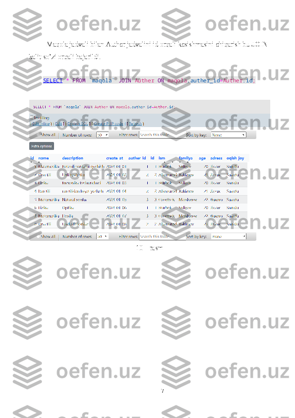 17Maqola jadvali bilan Auther jadvalini id orqali kesishmasini chiqarish bu  JOIN 
kalit so’zi orqali bajarildi.  
SELECT   *   FROM   `maqola`   JOIN   Auther   ON   maqola .auther_id = Auther .id ;
10 – rasm 