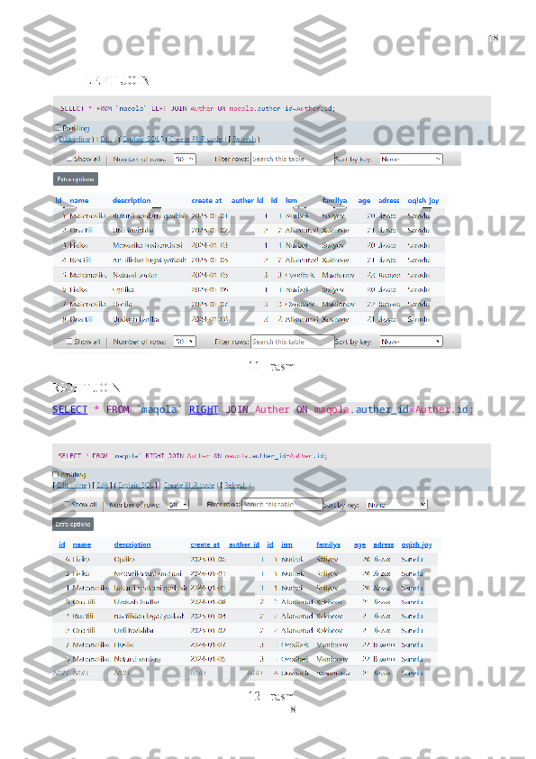 18
18LEFT JOIN
11 - rasm
RIGHT JOIN 
SELECT   *   FROM   `maqola`   RIGHT   JOIN   Auther   ON   maqola .auther_id = Auther .id ;
12 - rasm 