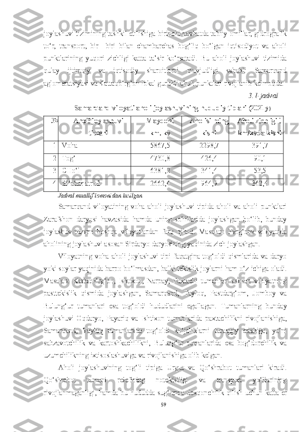 joylashuvi tizimining tashkil etilishiga birinchi navbatda tabiiy omillar, gidrografik
to‘r,   transport,   bir   –biri   bilan   chambarchas   bog‘liq   bo‘lgan   iqtisodiyot   va   aholi
punktlarining   yuqori   zichligi   katta   ta’sir   ko‘rsatadi.   Bu   aholi   joylashuvi   tizimida
qulay   ijtimoiy   va   iqtisodiy   sharoitlarni   mavjudligi   sababli   Samarqand
aglomeratsiyasi va Kattaqo‘rg‘on lokal guruhli aholi punktlari rivojlanib kelmoqda. 
3.1 -jadval
Samarqand viloyati aholi joylashuvining hududiy tiplari (2021y )
№ Aholi   joylashuvi
tiplari Maydoni
km. kv Aholisi   ming
kishi Aholi zichligi 1
km/kvda  kishi
1 Voha 5867,5 2298,7 391,7
2 Tog‘ 4730,8 426,4 90,1
3 CHo‘l 631,2 341,4 53,5
4 SHahar   atrofi 2662,4 964,9 362,4
Jadval muallif tomonidan tuzilgan
Samarqand   viloyatining   voha   aholi   joylashuvi   tipida   aholi   va   aholi   punktlari
Zarafshon   daryosi   havzasida   hamda   uning   sohillarida   joylashgan   bo‘lib,   bunday
joylashuv   tuzimi   boshqa   viloyatlardan   farq   qiladi.   Masalan:   Farg‘ona   viloyatida
aholining joylashuvi asosan Sirdaryo daryosining yaqinida zich joylashgan. 
Viloyatning   voha   aholi   joylashuvi   tipi   faqatgina   tog‘oldi   qismlarida   va   daryo
yoki soylar yaqinida barpo bo‘lmasdan, balki tekislik joylarni ham o‘z ichiga oladi.
Masalan:   Kattaqo‘rg‘on,   Ishtixon,   Narpay,   Paxtachi   tumanlari   asosan   viloyatning
pasttekislik   qismida   joylashgan,   Samarqand,   Tayloq,   Pastdarg‘om,   Jomboy   va
Bulung‘ur   tumanlari   esa   tog‘oldi   hududlarini   egallagan.   Tumanlarning   bunday
joylashuvi   Oqdaryo,   Payariq   va   Ishtixon   tumanlarida   paxtachilikni   rivojlanishiga,
Samarqand,   Tayloq   tumanlarida   tog‘oldi   xo‘jaliklarni   taraqqiy   etishiga,   ya’ni
sabzavotchilik   va   kartoshkachilikni,   Bulung‘ur   tumanlarida   esa   bog‘dorchilik   va
uzumchilikning ixtisoslashuviga va rivojlanishiga olib kelgan. 
Aholi   joylashuvining   tog‘li   tipiga   Urgut   va   Qo‘shrabot   tumanlari   kiradi.
Qo‘shrabot   tumani   relefining   notekisiligi   va   transport   yo‘llarining
rivojlanmaganligi, hamda bu hududda sug‘orma dexqonchilik qilish uchun katta er
59 