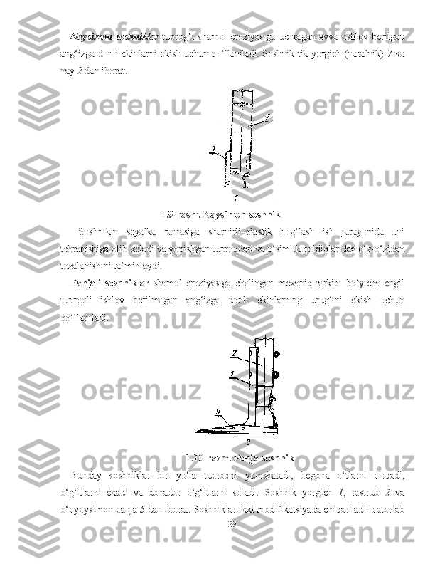 Naysimon  soshniklar   tuprog‘i   shamol  eroziyasiga   uchragan  avval  ishlov   berilgan
ang‘izga donli ekinlarni ekish uchun qo‘llaniladi. Soshnik tik yorgich (naralnik)   7   va
nay  2  dan iborat.
1. 9 -rasm. Naysimon soshnik
  Soshnikni   seyalka   ramasiga   sharnirli–elastik   bog‘lash   ish   jarayonida   uni
tebranishiga olib keladi va yopishgan tuproqdan va o‘simlik qoldiqlaridan o‘z-o‘zidan
tozalanishini ta’minlaydi. 
Panjali   soshniklar   shamol   eroziyasiga   chalingan   mexaniq   tarkibi   bo‘yicha   engil
tuproqli   ishlov   berilmagan   ang‘izga   donli   ekinlarning   urug‘ini   ekish   uchun
qo‘llaniladi. 
1.1 0 -rasm.  P anja-soshnik
Bunday   soshniklar   bir   yo‘la   tuproqni   yumshatadi,   begona   o‘tlarni   qirqadi,
o‘g‘itlarni   ekadi   va   donador   o‘g‘itlarni   soladi.   Soshnik   yorgich   1 ,   rastrub   2   va
o‘qyoysimon panja  5  dan iborat. Soshniklar ikki modifikatsiyada chiqariladi: qatorlab
29 