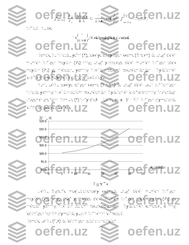 fyer	.h.q	
31(α)	=	F3
F1
=	b/cos	α	
b∙L	∙L=	1
cos	α;yoki	F3
F1
=	f
yer	.h.q	
31(α)	
∙100	;%	(6)bo‘ladi. Bu esa
1 <	
( 1
cos α	) ;	( 8) ekilganligini k o '
rsatadi
D emak, bu holatda, ya’ni (6), tavsiya etilayotgan sxema (2-rasm) da urug‘ ekish
mumkin   bo‘lgan   maydon   ( F
3 )   ning,   urug‘   yoppasiga   ekish   mumkin   bo‘lgan   tekis
maydon   ( F
1 )   ga   nisbatan,   yerning   hosildor   qatlami   resurslaridandan     foydalanish
koefitsienti samaraliroq ekanligini tasdiqlaydi.
Buni,   ushbu   tavsiya   etilgan   sxema   (2-rasm)   da   urug‘   ekish   usuli   qo‘llanilgan
holatda yerning hosildor qatlami resurslaridan foydalanish koefitsientining foizlardagi
o‘zgarish grafigini formula (6) bo‘yicha
b  = 0,9 m; va   α  =5 0 	÷
 30 0   
bo‘lgan qiymatlarda
ko‘rib chiqadigan bo‘lsak
0 5 10 15 20 25 30 3590.095.0100.0105.0110.0115.0120.0F3/F1, %
α,  gradus
2-grafik .
Ushbu   2-grafik   mavjud-ananaviy   sxemada   urug‘   ekish   mumkin   bo‘lgan
maydon   ( F
2 )   ning,   urug‘   yoppasiga   ekish   mumkin   bo‘lgan   tekis   maydon   ( F
1 )   ga
nisbatan   yerning   hosildor   qatlami   resurslaridandan     foydalanish   samarasi,   α   ning
keltirilgan har bir qiymatida yuqori bo‘lishini ko‘rsatadi.
Demak, ushbu (4;8) da keltirilgan tadqiqot natijalari 
42 