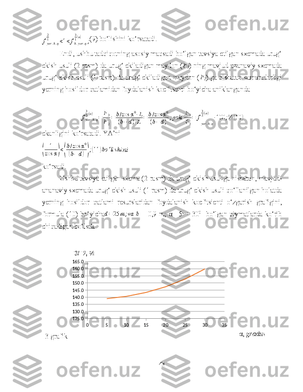 fyer	.h.q	
21	<1<	fh.yer	.q	
31(α)	;(9) bo‘lishini ko‘rsatadi.
Endi, ushbu tadqiqotning asosiy maqsadi bo‘lgan tavsiya etilgan sxemada urug‘
ekish usuli (2-rasm) da urug‘ ekiladigan maydon ( F
3 ) ning mavjud-ananaviy sxemada
urug‘ ekish usuli (1-rasm) da urug‘ ekiladigan maydon ( F
2 ) ga nisbatan samaradorligi
yerning hosildor qatlamidan foydalanish koefitsenti bo‘yicha aniklanganda
 
fyer	.h.q	
32(α)	=	F3
F2
=	b/cos	α0∙L	
(b−	d)∙L	=	b/cos	α0	
(b−d)	;yoki	F3
F2
=	f
yer	.h.q	
32(α)	
∙100	;%	(10	)
ekanligini ko‘rsatadi. YA’ni	
(
1
cos α	) <	( b / cos α 0	(
b − d	)) ;	( 11	) bo ' lis h i
ni
ko‘rsadi.
Ushbu tavsiya etilgan sxema (2-rasm) da urug‘ ekish usuliga nisbatan,  mavjud-
ananaviy sxemada urug‘ ekish usuli (1-rasm) da urug‘ ekish usuli  qo‘llanilgan holatda
yerning   hosildor   qatlami   resurslaridan   foydalanish   koefitsienti   o‘zgarish   grafigini,
formula (10)  bo‘yicha
d=	25	m	;va  	b   = 0,9 m;   α   =5 0  	÷
  30 0      
bo‘lgan qiymatlarda ko‘rib
chiqadigan bo‘lsak  
3 -grafik 0 5 10 15 20 25 30 35125.0130.0135.0140.0145.0150.0155.0160.0165.0F3/F2, %
α,  gradus
43 