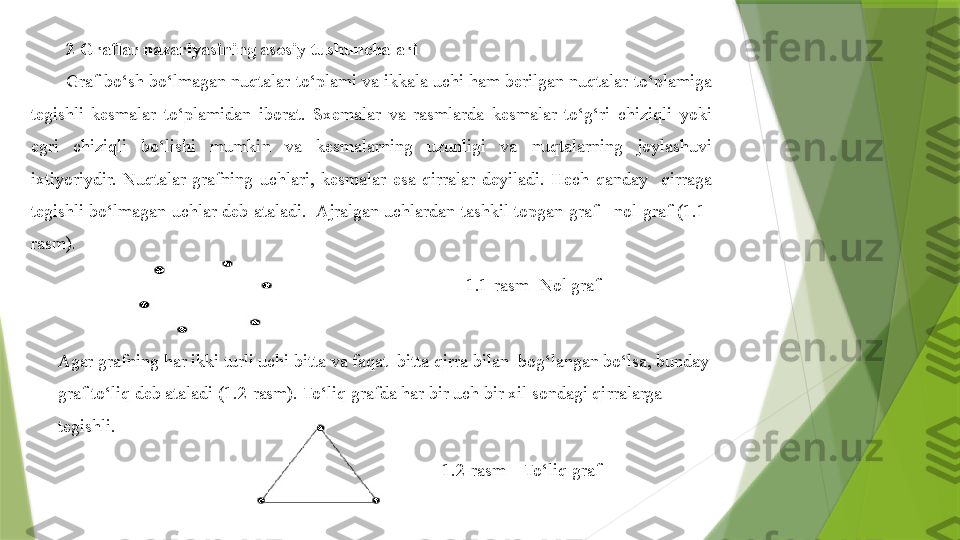 2  Graflar nazariyasining asosiy tushunchalari
Graf bo‘sh bo‘lmagan nuqtalar to‘plami va ikkala uchi ham berilgan nuqtalar to‘plamiga 
tegishli  kesmalar  to‘plamidan  iborat.  Sxemalar  va  rasmlarda  kesmalar  to‘g‘ri  chiziqli  yoki 
egri  chiziqli  bo‘lishi  mumkin  va  kesmalarning  uzunligi  va  nuqtalarning  joylashuvi 
ixtiyoriydir.  Nuqtalar  grafning  uchlari,  kesmalar  esa  qirralar  deyiladi.  Hech  qanday    qirraga 
tegishli  bo‘lmagan  uchlar deb ataladi.  Ajralgan uchlardan tashkil topgan graf - nol graf (1.1-
rasm).
          1.1-rasm- Nol graf
Agar grafning har ikki turli uchi bitta va faqat  bitta qirra bilan  bog‘langan bo‘lsa, bunday 
graf to‘liq deb ataladi (1.2-rasm). To‘liq grafda har bir uch bir xil sondagi qirralarga 
tegishli. 
1.2-rasm – To‘liq graf                 