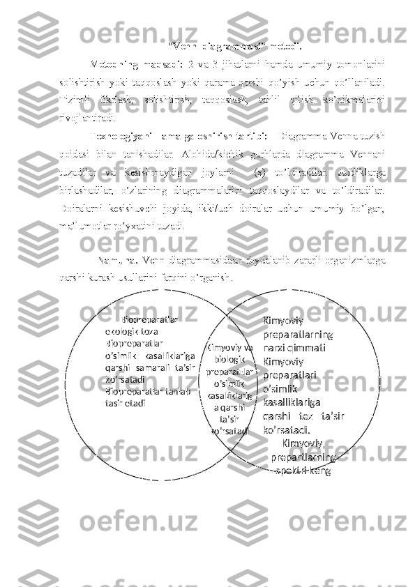 “Venn  diagrammasi”  metodi.
Metodning   maqsadi:   2   va   3   jihatlarni   hamda   umumiy   tomonlarini
solishtirish   yoki   taqqoslash   yoki   qarama-qarshi   qo’yish   uchun   qo’llaniladi.
Tizimli   fikrlash,   solishtirish,   taqqoslash,   tahlil   qilish   ko’nikmalarini
rivojlantiradi.
Texnologiyani   amalga oshirish tartibi:     Diagramma Venna tuzish
qoidasi   bilan   tanishadilar.   Alohida/kichik   gurhlarda   diagramma   Vennani
tuzadilar   va   kesishmaydigan   joylarni     (x)   to’ldiradilar .   Juftliklarga
birlashadilar,   o’zlarining   diagrammalarini   taqqoslaydilar   va   to’ldiradilar.
Doiralarni   kesishuvchi   joyida,   ikki/uch   doiralar   uchun   umumiy   bo’lgan,
ma’lumotlar ro’yxatini tuzadi.  
                    Namuna.   Venn   diagrammasidaan   foydalanib   zararli   organizmlarga
qarshi kurash usullarini farqini o’rganish.
                                     Biopreparatlar 
ekologik toza
Biopreparatlar   
o’simlik  kasalliklariga 
qarshi  samarali  ta’sir 
ko’rsatadi
Biopreparatlar tanlab 
tasir etadi Kimyoviy va 
biologik 
preparat-lar 
o’simlik 
kasalliklarig
a qarshi 
ta’sir 
ko’rsatadi Kimyoviy 
preparatlarning 
narxi qimmati 
Kimyoviy 
preparatlari 
o’simlik 
kasalliklariga 
qarshi  tez  ta’sir 
ko’rsatadi.
Kimyoviy 
prepartlarning
spektri keng 