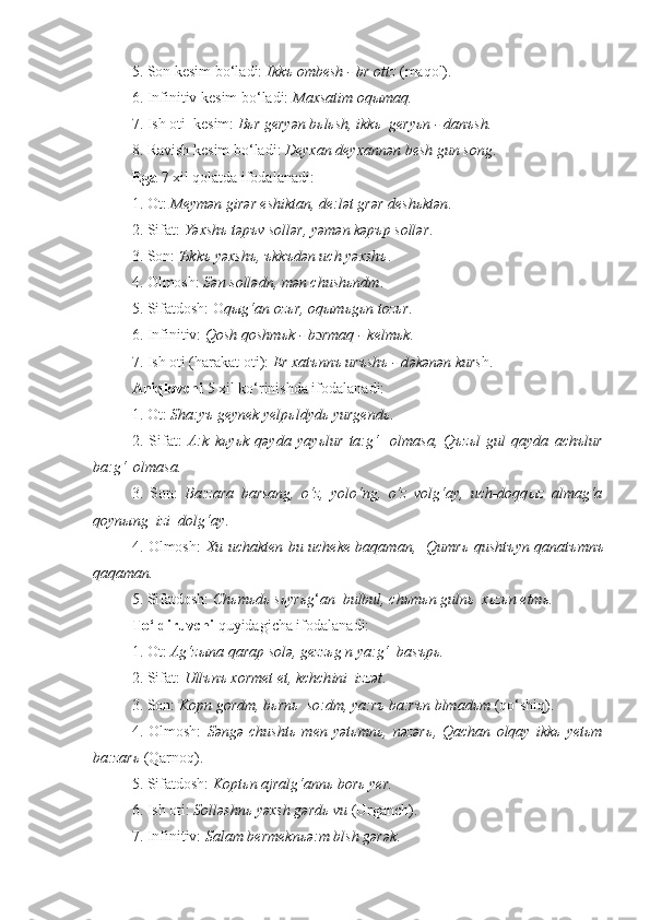 5. Son kеsim bo‘ladi:  Ikkъ ombеsh - br ottz  (maqol).
6. Infinitiv kеsim bo‘ladi:  Maxsat i m oqыmaq.
7. Ish oti  kеsim:  Bьr gеry ə n bьlьsh, ikkь  gеryьn - danъsh.
8. Ravish kеsim bo‘ladi:  Dеyxan dеyxann ə n bеsh gun song .
Ega  7 xil qolatda ifodalanadi:
1. Ot:  M е ym ə n gir ə r  е shiktan, d е :l ə t gr ə r d е sh ь kt ə n .
2. Sifat:  Y ə xsh ъ  t ə p ъ v soll ə r, y ə m ə n k ə p ъ p soll ə r .
3. Son:  Ъ kk ъ  y ə xsh ъ ,  ъ kk ъ d ə n uch y ə xsh ъ .
4. Olmosh:  S ə n soll ə dn, m ə n chush ь ndm .
5. Sifatdosh: O qыg‘an oz ь r, oqыm ь g ь n toz ь r .
6. Infinitiv:  Qosh qoshm ь k - b ɔ rmaq - k е lm ь k .
7. Ish oti (harakat oti):  Е r xatъnnъ urъshъ - d ə k ə n ə n kurs h.
Aniqlovchi  5 xil ko‘rinishda ifodalanadi:
1. Ot:  Sha:yъ g е ynek y е lp ь ldyd ь  yurg е nd ь .
2.   Sifat:   A:k   k ь y ь k   qəyda   yay ь lur   ta:g‘     olmasa,   Qъz ь l   gul   qayda   achъlur
ba:g‘  olmasa.
3.   Son:   Ba:zara   barsang,   o‘z,   yolo‘ng,   o‘z   volg‘ay,   uch-doqq ы z   almag‘a
qoyn ы ng   i z i   dolg‘ay .
4. Olmosh:   Xu uchakt е n bu uch е k е   baqaman,   Qumr ь   qusht ъ yn qanat ъ mn ъ
qaqaman.
5. Sifatdosh:  Ch ь m ь d ь  s ь yr ь g ‘ an  bulbul, ch ь m ь n guln ь   x ь z ь n etm ь .
To‘ldiruvchi  quyidagicha ifodalanadi:
1. Ot:  Ag‘z ы na qarap solə, g е zz ь g n ya:g‘  bas ъ p ь . 
2. Sifat:  Ull ъ n ъ  xormet  е t, kchch i n i   izzət .
3. Son:  Kopn gordm, b ь rn ь   so:dm, ya:r ъ  ba:r ъ n blmad ь m  (qo‘shiq).
4.   Olmosh:   Səngə   chusht ь   m е n   yət ь mn ь ,   nəzər ь ,   Qachan   olqay   ikk ь   y е t ь m
ba:zar ь  (Qarnoq).
5. Sifatdosh:  Kopt ь n ajralg‘ann ь  bor ь  y е r.
6. Ish oti:  Solləshn ь  yəxsh gərd ь  vu  (Urganch).
7. Infinitiv:  Salam b е rm е kn ь ə:m blsh gərək . 