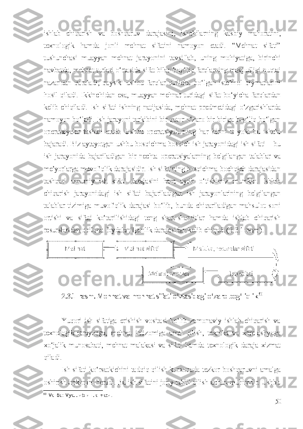 ishlab   chiqarish   va   boshqaruv   darajasini,   ishchilarning   kasbiy   mahoratini,
texnologik   hamda   jonli   mehnat   sifatini   namoyon   etadi.   “Mehnat   sifati”
tushunchasi   muayyan   mehnat   jarayonini   tavsiflab,   uning   mohiyatiga,   birinchi
navbatda, mehnat turlari o‘rtasida sifat bilan bog‘liq farqlarning mavjudligi nuqtai
nazaridan   qaraladi,   qaysiki   ushbu   farqlar   turlicha   bo‘lgan   iste’mol   qiymatlarini
hosil   qiladi.   Ikkinchidan   esa,   muayyan   mehnat   turidagi   sifat   bo‘yicha   farqlardan
kelib   chiqiladi.   Ish   sifati   ishning   natijasida,   mehnat   predmetidagi   o‘zgarishlarda
namoyon bo‘ladi. Ish jarayoni tarkibini bir qator o‘zaro bir-biriga bog‘liq bo‘lgan
operatsiyalar   tashkil   etadi.   Ushbu   operatsiyalarning   har   birini   u   yoki   bu   ishchi
bajaradi. Biz aytayotgan ushbu bosqichma-bosqich ish jarayonidagi ish sifati – bu
ish   jarayonida   bajariladigan   bir   nechta   operatsiyalarning   belgilangan   talablar   va
me’yorlarga muvofiqlik darajasidir. Ish sifatining bosqichma-bochqich darajasidan
tashqari   umumiy   ish   sifati   darajasini   ham   aytib   o‘tishimiz   mumkin.   Ishlab
chiqarish   jarayonidagi   ish   sifati   bajariladigan   ish   jarayonlarining   belgilangan
talablar   tizimiga   muvofiqlik   darajasi   bo‘lib,   bunda   chiqariladigan   mahsulot   soni
ortishi   va   sifati   ko‘tarilishidagi   teng   shart-sharoitlar   hamda   ishlab   chiqarish
resurslaridan oqilona foydalanilganlik darajasidan kelib chiqadi (2.3.1-rasm).
2.3.1-rasm. Mehnat va mehnat sifati o‘rtasidagi o‘zaro bog‘liqlik 60
Yuqori   ish   sifatiga   erishish   vositasi   bo‘lib   zamonaviy   ishlab   chiqarish   va
texnologik   jarayonga,   mehnat   intizomiga   amal   qilish,   texnika   va   xom-ashyoga
xo‘jalik   munosabati,   mehnat   malakasi   va   sifati   hamda   texnologik   daraja   xizmat
qiladi.
Ish sifati ko‘rsatkichini  tadqiq qilish korxonada tezkor boshqaruvni amalga
oshirish imkonini beradi. Bu ish sifatini joriy tahlil qilish uchun muhimdir. Ushbu
60
 Манба: Муаллиф ишланмаси.
50 