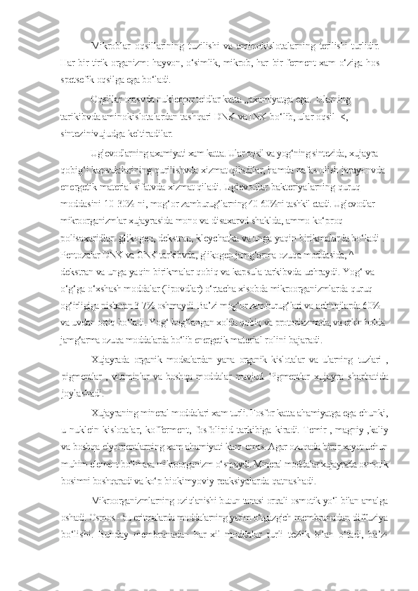 Mikroblar   oqsillarining   tuzilishi   va   aminokislotalarning   terilishi  turlidir.
Har bir tirik organizm: hayvon, o‘simlik, mikrob, har   bir ferment xam o‘ziga hos
spetsefik oqsilga ega bo‘ladi.
Oqsillar orasvda nukleoproteidlar katta „axamiyatga ega.  Ularning 
tarikibvda aminokislotalardan tashqari DNK vaTNK bo‘lib, ular oqsil  <, 
sintezinivujudga keltiradilar.
Uglevodlarning axamiyati xam katta. Ular oqsil va yog‘ning sintezida,  xujayra 
qobig‘i kapsulalarining qurilishvda xizmat qiladilar, hamda nafas olish jarayonvda 
energetik material sifatvda xizmat qiladi. Uglevodlar bakteriyalarning quruq 
moddasini 10-30% ni, mog‘or  zamburug‘larning 40-60%ni tashkil etadi. Uglevodlar 
mikroorganizmlar  xujayrasida mono va disaxarvd shaklda, ammo ko‘proq 
polisaxaridlar:  glikogen, dekstran, kleychatka va unga yaqin birikmalarda bo‘ladi . 
Pentozalar DNK va GNK tarkibvda, glikogen jamg‘arma ozuqa moddasida, ^ 
dekstran va unga yaqin birikmalar qobiq va kapsula tarkibvda uchraydi. Yog‘  va 
o‘g‘ga o‘xshash moddalar (lipovdlar) o‘rtacha xisobda mikroorganizmlarda  quruq 
og‘irligiga nisbatan 3-7% oshmaydi. Ba’zi mog‘or zamburug‘lari va  achitqilarda 60% 
va uvdan ortiq bo‘ladi. Yog‘ bog‘langan xolda qobiq va  protoplazmada, va erkin holda 
jamg‘arma ozuqa moddalarda bo‘lib energetik  material rolini bajaradi.
Xujayrada   organik   modsalardan   yana   organik   kislotalar   va   ularning   tuzlari   ,
pigmentlar   ,   vitaminlar   va   boshqa   moddalar   mavjud.   Pigmentlar   xujayra   sharbatida
joylashadi.
Xujayraning mineral moddalari xam turli. Fosfor katta ahamiyatga  ega chunki,
u  nuklein   kislotalar,  kofferment,   fosfolipid   tarkibiga   kiradi. Temir , magniy ,kaliy
va boshqa elyomentlarning xam ahamiyati kam  emas. Agar ozuqada biror xayot uchun
muhim element bo‘lmasa mikroorganizm  o‘smaydi. Mineral moddalar xujayrada osmotik
bosimni boshqaradi va ko‘p  biokimyoviy reaksiyalarda qatnashadi.
Mikroorganizmlarning oziqlanishi butun tanasi orqali osmotik yo‘l  bilan amalga
oshadi. Osmos - bu eritmalarda moddalarning yarim o‘tgazgich  membranadan diffuziya
bo‘lishi.   Bunday   membranadan   har-xil   moddalar   turli   tezlik   bilan   o‘tadi,   ba’zi 