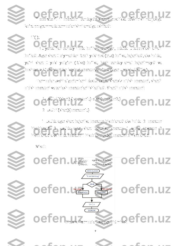 if   operatori .   if   operatori   qandaydir   shartni   rostlikka   tekshirish   natijasiga
ko’ra programmada tarmoqlanishni amalga oshiradi: 
if ( );
    Bu   yerda   har   qanday   ifoda   bo’lishi   mumkin,   odatda   u   taqqoslash   amali
bo’ladi. Agar shart 0 qiymatidan farqli yoki rost (true) bo’lsa, bajariladi, aks holda,
ya’ni   shart   0   yoki   yolg’on   (false)   bo’lsa,   h ech   qanday   amal   bajarilmaydi   va
boshqaruv if operatoridan keyingi operatorga o’tadi (agar u mavjud bo’lsa). 
  Tarmoqlanuvchi algoritmlarni dasturlashda shartsiz o`tish operatori, shartli
o`tish operatori va tanlash operatorlari ishlatiladi. Shartli o`tish operatori:
1-  usul: if (shart) {operator1;} else {operator2;}
2-  usul: if(shart){operator1;}
1-  usulda agar shart bajarilsa operator  h isoblanadi aks holda   2 - operator
h isoblanadi.   2-   usulda   agar   shart   bajarilsa   operato   1   s o`ng   operator   2
h isoblanadi aks holda operator   1  h isoblanmasdan operator   2  h isoblanadi.
Misol:
3- rasm . Tarmoqlanuvchiga oid misol.
9 