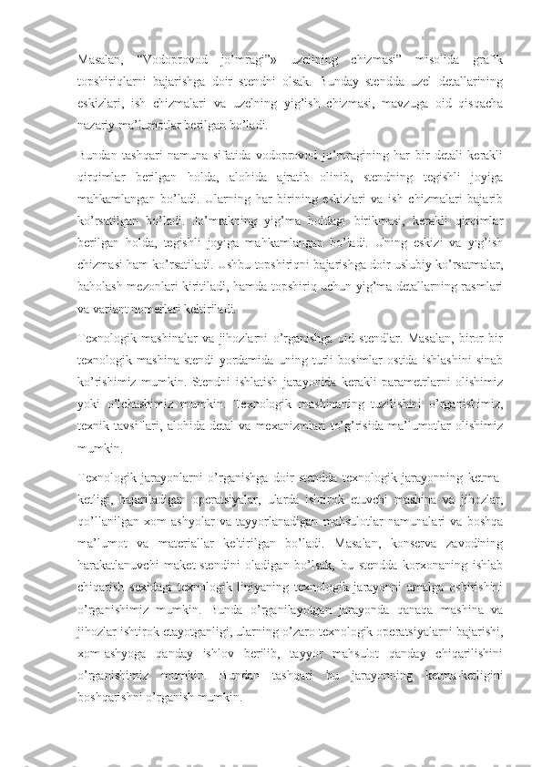 Masalan,   “Vodoprovod   jo’mragi”»   uzelining   chizmasi”   misolida   grafik
topshiriqlarni   bajarishga   doir   stendni   olsak.   Bunday   stendda   uzel   detallarining
eskizlari,   ish   chizmalari   va   uzelning   yig’ish   chizmasi,   mavzuga   oid   qisqacha
nazariy ma’lumotlar berilgan bo’ladi. 
Bundan   tashqari   namuna   sifatida   vodoprovod   jo’mragining   har   bir   detali   kerakli
qirqimlar   berilgan   holda,   alohida   ajratib   olinib,   stendning   tegishli   joyiga
mahkamlangan   bo’ladi.   Ularning   har   birining   eskizlari   va   ish   chizmalari   bajarib
ko’rsatilgan   bo’ladi.   Jo’mrakning   yig’ma   holdagi   birikmasi,   kerakli   qirqimlar
berilgan   holda,   tegishli   joyiga   mahkamlangan   bo’ladi.   Uning   eskizi   va   yig’ish
chizmasi ham ko’rsatiladi. Ushbu topshiriqni bajarishga doir uslubiy ko’rsatmalar,
baholash mezonlari kiritiladi, hamda topshiriq uchun yig’ma detallarning rasmlari
va variant nomerlari keltiriladi. 
Texnologik   mashinalar   va   jihozlarni   o’rganishga   oid   stendlar.   Masalan,   biror   bir
texnologik   mashina   stendi   yordamida   uning   turli   bosimlar   ostida   ishlashini   sinab
ko’rishimiz   mumkin.   Stendni   ishlatish   jarayonida   kerakli   parametrlarni   olishimiz
yoki   o’lchashimiz   mumkin.   Texnologik   mashinaning   tuzilishini   o’rganishimiz,
texnik   tavsiflari,   alohida   detal   va   mexanizmlari   to’g’risida   ma’lumotlar   olishimiz
mumkin. 
Texnologik   jarayonlarni   o’rganishga   doir   stendda   texnologik   jarayonning   ketma-
ketligi,   bajariladigan   operatsiyalar,   ularda   ishtirok   etuvchi   mashina   va   jihozlar,
qo’llanilgan   xom   ashyolar   va   tayyorlanadigan   mahsulotlar   namunalari   va   boshqa
ma’lumot   va   materiallar   keltirilgan   bo’ladi.   Masalan,   konserva   zavodining
harakatlanuvchi   maket-stendini   oladigan   bo’lsak,   bu   stendda   korxonaning   ishlab
chiqarish   sexidagi   texnologik   liniyaning   texnologik   jarayonni   amalga   oshirishini
o’rganishimiz   mumkin.   Bunda   o’rganilayotgan   jarayonda   qanaqa   mashina   va
jihozlar ishtirok etayotganligi, ularning o’zaro texnologik operatsiyalarni bajarishi,
xom-ashyoga   qanday   ishlov   berilib,   tayyor   mahsulot   qanday   chiqarilishini
o’rganishimiz   mumkin.   Bundan   tashqari   bu   jarayonning   ketma-ketligini
boshqarishni o’rganish mumkin. 