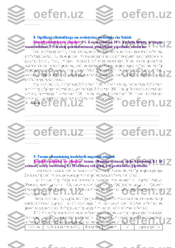 ……………………………………………………………………………………………………
…………
8. Oqsillarni alkaloidlar ga xos reaksiyalar   yordamida cho‘ktirish
Kerakli  reaktivlar  va jihozlar:   1% li oqsil  eritmasi, 10% li  pikrin  kislota, to‘yingan
tannin eritmasi, 5% li sariq qon tuzi eritmasi, probirkalar, pipetkalar, shtativlar.
             Oqsil eritmasiga tannin, pikrat kislota, sariq qon tuzi kabi alkaloidlar reaktivlari qo‘shilsa,
cho‘kmaga tushadi. Bu reaksiya oqsil molekulasidagi alkaloidlarni eslatuvchi azotli geterosiklik
guruhlar   (pirrol,   indol,   imidazol   halqalari)   bo‘lishiga   asoslangan.   Sirka   kislota   yordamida
kuchsiz   kislotali   sharoit   yaratilsa,   oqsil   zarrachasida   musbat   zaryad   paydo   bo‘ladi   va   manfiy
zaryadlangan   cho‘ktiruvchi   ionlari   bilan   o‘zaro   ta’sirlashuvini   osonlashtiradi.   Kuchli   mineral
kislotalar,   organik   kislotalar   dissotsiatsiyalanishini   susaytirib,   oqsilni   alkaloid   reaktivlari   bilan
cho‘ktirishga halaqit beradi.
3  ta  probirka   olib,   birinchisiga  2-3  tomchi  10%  li  pikrin   kislota,   ikkinchisiga  2-3  tomchi
tanninning   to‘yingan   eritmasidan,   uchinchisiga   2-3   tomchi   5%   li   kaliy   ferrosianid   eritmasidan
tomizib,   hammasiga   1   tomchidan   10%   li   sirka   kislota,   5   tomchidan   1%   li   oqsil   eritmasidan
tomiziladi. Uchala probirkada ham cho‘kma hosil bo‘lishi kuzatiladi.
Xulosa.
.
……………………………………………………………………………………………………
……………………………………………………………………………………………………
……………………………………………………………………………………………………
……………………………………………………………………………………………………
……………………………………………………………………………………………………
……………………………………………………………………………………………………
…………
9 . Tuxum albuminining izoelektrik nuqtasini aniqlash 
Kerakli   reaktivlar   va   jihozlar:   tuxum   albumini   eritmasi,   sirka   kislotaning   0,1   M
eritmasi, natriy atsetatning 0,1 M eritmasi, etil spirti, 5 ta probirkalar, pipetkalar.
              Izoelektrik   nuqtada   oqsillar   beqaror   bo‘ladi.   Teng   musbat   va   manfiy   zaryadlarga   ega
(izoelektrik) oqsil molekulasi suvda yomon eriydi va tezda cho‘kma hosil qiladi. 
Har   bir   oqsilning   o‘ziga   xos   izoelektrik   nuqtasiga   mos   keluvchi   pH   qiymati   mavjud.
Masalan,   kazein   uchun   pH=4,7;   tuxum   albumini   uchun   pH=4,8;   jelatina   uchun   pH=4,9;   zein
(makkajo‘xori   oqsili)   uchun   pH=6,2;   protaminlar   va   gistonlar   uchun   esa   kuchsiz   ishqoriy
muhitda bo‘ladi. 
Beshta probirka olib, quyida keltirilgan jadvalga muvofiq miqdorda sirka kislota va natriy
atsetat   eritmalari   quyiladi.   Har   bir   probirkaga   1   ml   dan   tuxum   oqsili   eritmasi   qo‘shiladi   va
yaxshilab aralashtiriladi. So‘ngra ularning ustiga 4 ml dan etil spirti eritmasi qo‘shiladi. 
5-10 min. so‘ng barcha probirkalar ko‘zdan kechiriladi va ularning loyqalanganlik darajasi
baholanadi. Eng ko‘p loyqalangan eritmadagi pH qiymati tuxum oqsilining izoelektrik nuqtasini
ko‘rsatadi. Olingan natijalar jadvalga kiritiladi va tegishli xulosa qilinadi. 
Probirka Bufer aralashma tarkibi, Aralashma Tuxum Etil Loyqalanganlik 
