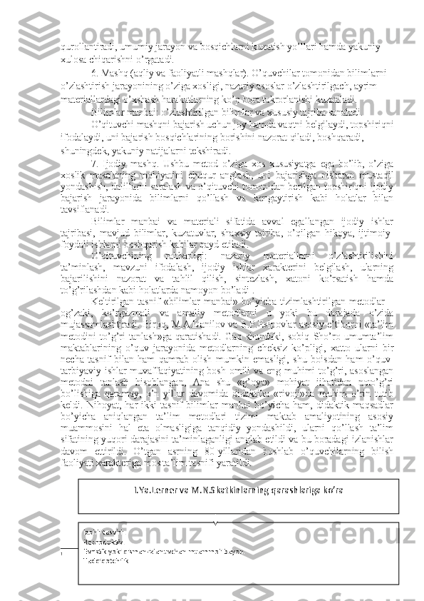 qurollantiradi, umumiy jarayon va bosqichlarni kuzatish yo’llari hamda yakuniy 
xulosa chiqarishni o’rgatadi.
6. Mashq (aqliy va faoliyatli mashqlar). O’quvchilar tomonidan bilimlarni 
o’zlashtirish jarayonining o’ziga xosligi, nazariy asoslar o’zlashtirilgach, ayrim 
materiallardagi o’xshash harakatlarning ko’p bora takrorlanishi kuzatiladi.
Bilimlar manbai: o’zlashtirilgan bilimlar va xususiy tajriba sanaladi.
O’qituvchi mashqni bajarish uchun joy hamda vaqtni belgilaydi, topshiriqni
ifodalaydi, uni bajarish bosqichlarining borishini nazorat qiladi, boshqaradi, 
shuningdek, yakuniy natijalarni tekshiradi.
7.   Ijodiy   mashq.   Ushbu   metod   o’ziga   xos   xususiyatga   ega   bo’lib,   o’ziga
xoslik   masalaning   mohiyatini   chuqur   anglash,   uni   bajarishga   nisbatan   mustaqil
yondashish, dalillarni saralash va o’qituvchi tomonidan berilgan topshiriqni ijodiy
bajarish   jarayonida   bilimlarni   qo’llash   va   kengaytirish   kabi   holatlar   bilan
tavsiflanadi.
Bilimlar   manbai   va   materiali   sifatida   avval   egallangan   ijodiy   ishlar
tajribasi,   mavjud   bilimlar,   kuzatuvlar,   shaxsiy   tajriba,   o’qilgan   hikoya,   ijtimoiy-
foydali ishlarni boshqarish kabilar qayd etiladi.
O’qituvchining   rahbarligi:   nazariy   materiallarni   o’zlashtirilishini
ta’minlash,   mavzuni   ifodalash,   ijodiy   ishlar   xarakterini   belgilash,   ularning
bajarilishini   nazorat   va   tahlil   qilish,   sintezlash,   xatoni   ko’rsatish   hamda
to’g’rilashdan kabi holatlarda namoyon bo’ladi 1
.
Keltirilgan   tasnif   «bilimlar   manbai»   bo’yicha   tizimlashtirilgan   metodlar   –
og’zaki,   ko’rgazmali   va   amaliy   metodlarni   u   yoki   bu   darajada   o’zida
mujassamlashtiradi. Biroq, M.A.Danilov va B.P.Esipovlar asosiy e’tiborni «ta’lim
metodini   to’g’ri   tanlash»ga   qaratishadi.   Gap   shundaki,   sobiq   Sho’ro   umumta’lim
maktablarining   o’quv   jarayonida   metodlarning   cheksiz   ko’pligi,   xatto   ularni   bir
necha   tasnif   bilan   ham   qamrab   olish   mumkin   emasligi,   shu   boisdan   ham   o’quv-
tarbiyaviy ishlar muvaffaqiyatining bosh omili va eng muhimi to’g’ri, asoslangan
metodni   tanlash   hisoblangan,   Ana   shu   «g’oya»   mohiyat   jihatidan   noto’g’ri
bo’lishiga   qaramay,   o’n   yillar   davomida   didaktika   «rivoji»da   muhim   o’rin   tutib
keldi.   Nihoyat,   har   ikki   tasnif   bilimlar   manbai   bo’yicha   ham,   didaktik   maqsadlar
bo’yicha   aniqlangan   ta’lim   metodlari   tizimi   maktab   amaliyotining   asosiy
muammosini   hal   eta   olmasligiga   tanqidiy   yondashildi,   ularni   qo’llash   ta’lim
sifatining yuqori darajasini ta’minlaganligi anglab etildi va bu boradagi izlanishlar
davom   ettirildi.   O’tgan   asrning   80-yillaridan   boshlab   o’quvchilarning   bilish
faoliyati xarakteriga mos ta’lim tasnifi yaratildi.
1 I.Ya.Lerner va M.N.Skatkinlarning  q arashlariga k o’ ra
Izo hli-tasvirli.
Reproduktiv.
Evristik yoki  q isman-izlanuvchan muammoli bayon.
Tad qiqotchilik 