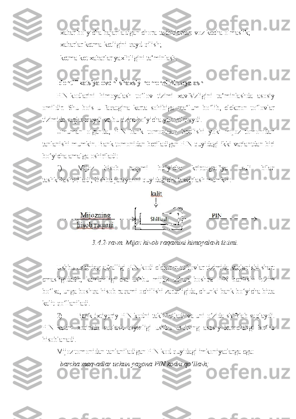 - xabar bo yicha bajariladigan chora-tadbirlardan voz kecha olmaslik; ʻ
- xabarlar ketma-ketligini qayd qilish; 
- ketma-ket xabarlar yaxlitligini ta‘minlash. 
 
Identifikatsiyalovchi shaxsiy nomerni himoyalash 
PIN-kodlarini   himoyalash   to lov   tizimi   xavfsizligini   ta‘minlashda   asosiy	
ʻ
omildir.   Shu   bois   u   faqatgina   karta   sohibiga   ma‘lum   bo lib,   elektron   to lovlar	
ʻ ʻ
tizimida saqlanmaydi va bu tizim bo yicha yuborilmaydi. 	
ʻ
Umuman   olganda,   PIN   bank   tomonidan   berilishi   yoki   mijoz   tomonidan
tanlanishi mumkin. Bank tomonidan beriladigan PIN quyidagi ikki variantdan biri
bo yicha amalga oshiriladi: 	
ʻ
1) Mijoz   hisob   raqami   bo yicha   kriptografiya   usuli   bilan	
ʻ
tashkillashtiriladi; Ushbu jarayonni quyidagicha tasvirlash mumkin: 
3.4.2-rasm. Mijoz hisob raqamini himoyalash tizimi.
 
Ushbu usulning afzalligi PIN kodi elektron to lovlar tizimida saqlanishi shart	
ʻ
emasligidadir,   kamchiligi   esa   ushbu   mijoz   uchun   boshqa   PIN   berilishi   lozim
bo lsa, unga boshqa hisob raqami ochilishi zarurligida, chunki bank bo yicha bitta	
ʻ ʻ
kalit qo llaniladi. 	
ʻ
2) Bank ixtiyoriy PIN kodni taklif qiladi va uni o zida shifrlab saqlaydi.	
ʻ
PIN   kodni   xotirada   saqlash   qiyinligi   ushbu   usulning   asosiy   kamchiligi   bo lib	
ʻ
hisoblanadi. 
Mijoz tomonidan tanlaniladigan PIN kod quyidagi imkoniyatlarga ega: 
- barcha maqsadlar uchun yagona PIN kodni qo llash; 	
ʻ 
