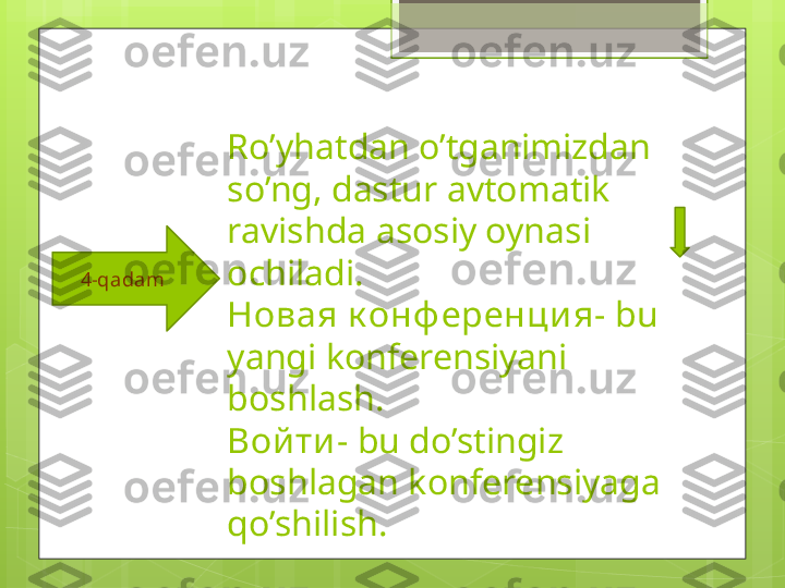 Ro’yhatdan o’tganimizdan 
so’ng, dastur avtomatik 
ravishda asosiy oynasi 
ochiladi. 
Новая к онф еренци я-  bu 
yangi konferensiyani 
boshlash.
Вой ти -  bu do’stingiz 
boshlagan konferensiyaga 
qo’shilish.4-qadam                                             