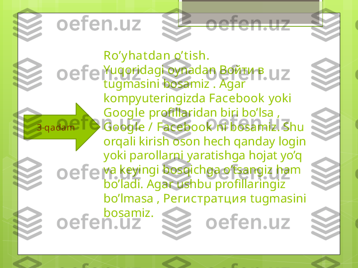 Ro’y hat dan o’t ish. 
Yuqoridagi oynadan  Войти в 
tugmasini bosamiz . Agar 
kompyuteringizda  Facebook  yoki 
Google  profillaridan biri bo’lsa , 
Google / Facebook   ni bosamiz. Shu 
orqali kirish oson hech qanday login 
yoki parollarni yaratishga hojat yo’q 
va keyingi bosqichga o’tsangiz ham 
bo’ladi. Agar ushbu profillaringiz 
bo’lmasa ,  Реги стратци я   tugmasini 
bosamiz.3-qadam                                             