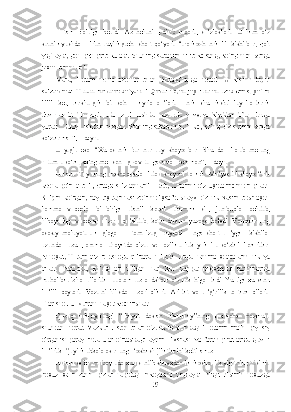 Hotam   Bobilga   ketadi.   Azonchini   qidirib   topadi,   so‘zlashadi.   U   ham   o‘z
sirini aytishdan oldin quyidagicha shart qo‘yadi: “Badaxshonda bir kishi bor, goh
yig‘laydi, goh qichqirib kuladi. Shuning sababini  bilib kelsang,  so‘ng men senga
javob beraman”.
Mana,   Hotam   ne-ne   azoblar   bilan   Badaxshonga   boradi.   U   kishini   topib
so‘zlashadi. U ham bir shart qo‘yadi: “Qarshi degan joy bundan uzoq emas, yo‘lni
bilib   ket,   qarshingda   bir   sahro   paydo   bo‘ladi.   Unda   shu   dashti   biyobonlarda
devonasifat   bir   yigit   odamzod   naslidan   uzoqda   yovvoyi   kiyiklar   bilan   birga
yuradi. Dunyo ishidan bezgan. Shuning sababini bilib kel, so‘ng o‘z sirimni senga
so‘zlarman”, – deydi.
U   yigit   esa:   “Xurosonda   bir   nuroniy   shayx   bor.   Shundan   borib   mening
holimni so‘ra, so‘ng men sening savolinga javob beraman”, – deydi.
Hotami  Toy ming mashaqqatlar  bilan shayxni  topadi. Mo‘ysafid shayx “Bir
kecha qo‘noq bo‘l, ertaga so‘zlarman” – deb, Hotamni o‘z uyida mehmon qiladi.
Ko‘pni  ko‘rgan,  hayotiy tajribasi   zo‘r  mo‘ysafid shayx  o‘z  hikoyasini  boshlaydi,
hamma   voqealar   bir-biriga   ulanib   ketadi.   Hamma   sir,   jumboqlar   ochilib,
hikoyadagi   voqealar   o`zaro   qo‘shilib,   katta   doston   yuzaga   keladi.   Voqealarning
asosiy   mohiyatini   anglagan   Hotam   iziga   qaytadi.   Unga   shart   qo‘ygan   kishilar
uzundan   uzun,   ammo   nihoyatda   qiziq   va   jozibali   hikoyalarini   so‘zlab   beradilar.
Nihoyat,   Hotam   qiz   podshoga   ro‘para   bo‘ladi.   Unga   hamma   voqealarni   hikoya
qiladi.   Natijada,   ko‘ngillari   to‘lgan   har   ikki   haqiqat   izlovchilar   bir-birlariga
muhabbat izhor qiladilar. Hotam qiz podshoni o‘z nikohiga oladi. Yurtiga xursand
bo‘lib   qaytadi.   Vazirni   hibsdan   ozod   qiladi.   Adolat   va   to‘g‘rilik   tantana   qiladi.
Ular shod-u  xurram hayot kechirishadi. 
Qozoq   adabiyotidgi   “Ikayat   dastan   Hatimtay”ning   qisqacha   mazmuni
shundan iborat. Mazkur doston bilan o‘zbek folkloridagi “Hotamnoma”ni qiyosiy
o‘rganish   jarayonida   ular   o‘rtasidagi   ayrim   o‘xshash   va   farqli   jihatlariga   guvoh
bo‘ldik. Quyida ikkala asarning o‘xshash jihatlarini keltiramiz:
Hotam safari mobaynida xurosonlik shayxdan badaxshonlik yigitning tilsimli
hovuz   va   nozanin   qizlar   haqidagi   hikoyasini   tinglaydi.   Yigit   tilsimli   hovuzga
32 