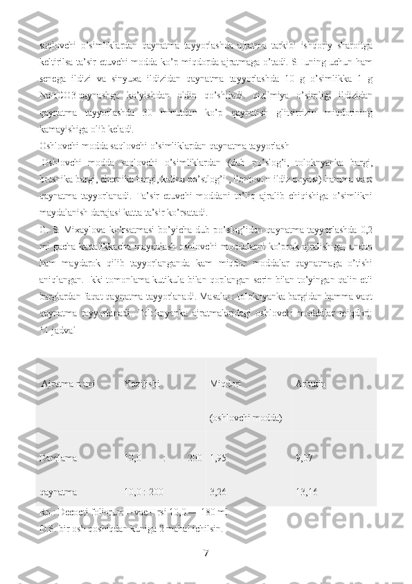 saqlovchi   o’simliklardan   qaynatma   tayyorlashda   ajratma   tarkibi   ishqoriy   sharoitga
keltirilsa ta’sir etuvchi modda ko’p miqdorda ajratmaga o’tadi. SHuning uchun ham
senega   ildizi   va   sinyuxa   ildizidan   qaynatma   tayyorlashda   10   g   o’simlikka   1   g
NaHCO3   qaynashga   ko’yishdan   oldin   qo’shiladi.   qizilmiya   o’simligi   ildizidan
qaynatma   tayyorlashda   30   minutdan   ko’p   qaynatish   glitsirrizin   miqdorining
kamayishiga olib keladi.
Oshlovchi modda saqlovchi o’simliklardan qaynatma tayyorlash
  Oshlovchi   modda   saqlovchi   o’simliklardan   (dub   po’slog’i,   toloknyanka   bargi,
brusnika bargi, chernika bargi, kalina po’stlog’i , ilontovon ildiz poyasi) hamma vaqt
qaynatma   tayyorlanadi.   Ta’sir   etuvchi   moddani   to’liq   ajralib   chiqishiga   o’simlikni
maydalanish darajasi katta ta’sir ko’rsatadi.
G.   S.   Mixaylova   ko’rsatmasi   bo’yicha   dub   po’slog’idan   qaynatma   tayyorlashda   0,2
ml   gacha   kattalikkacha   maydalash   oshlovchi   moddalarni   ko’prok   ajralishiga,   undan
ham   maydarok   qilib   tayyorlanganda   kam   miqdor   moddalar   qaynatmaga   o’tishi
aniqlangan. Ikki tomonlama kutikula bilan qoplangan serin bilan to’yingan qalin etli
barg lardan faqat qaynatma tayyorlanadi. Masalan: toloknyanka bargidan hamma vaqt
qaynatma   tayyorlanadi.   Toloknyanka   ajratmalaridagi   oshlovchi   moddalar   miqdori:
11-jadval
  Ajratma nomi Yozilishi Miqdori
(oshlovchi modda) Arbutin
Damlama
qaynatma 10,0   :   200
10,0 : 200 1,95
3,26 9,07
13,16
Rp.: Decocti foliorum Uvae Ursi 10,0   —   180 ml
D.S. bir osh qoshiqdan kuniga 2 mahal ichilsin.
7 