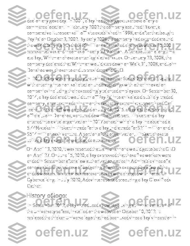 Ia deal  Ia on  Ia any  Ia gave  Ia day.  Ia In  Ia 2001,  Ia eBay  Ia had  Ia the  Ia biggest  Ia userbase  Ia of  Ia any  Ia e-
commerce  Ia location.  Ia In  Ia February  Ia 2002  Ia the  Ia company  Ia acquired  Ia iBazar,  Ia a  
Ia comparative  Ia European  Ia sell-off-site  Ia established  Ia in  Ia 1998,  Ia and  Ia after  Ia that  Ia bought  
Ia PayPal  Ia on  Ia October  Ia 3,  Ia 2002.  Ia By  Ia early  Ia 2008  Ia the  Ia company  Ia had  Ia extended  Ia around  
Ia the  Ia world,  Ia tallying  Ia hundreds  Ia of  Ia millions  Ia of  Ia enrolled  Ia clients  Ia as  Ia well  Ia as  Ia 15,000  
Ia representatives  Ia and  Ia incomes  Ia of  Ia nearly  Ia $7.7  Ia billion.  Ia After  Ia about  Ia ten  Ia a  Ia long  Ia time  
Ia at  Ia eBay,  Ia Whitman  Ia chose  Ia to  Ia enter  Ia legislative  Ia issues.  Ia On  Ia January  Ia 23,  Ia 2008,  Ia the  
Ia company  Ia declared  Ia that  Ia Whitman  Ia would  Ia step  Ia down  Ia on  Ia Walk  Ia 31,  Ia 2008,  Ia and  Ia John  
Ia Donahoe  Ia was  I Ia chosen  Ia to  Ia end  Ia up  Ia president  Ia and  Ia CEO.
In  I I I I Ia 2012,  Ia eBay  Ia was  Ia charged  Ia by  Ia the  Ia Joined  Ia together  Ia States  Ia Division  Ia of  Ia Equity  
Ia with  Ia entering  Ia into  Ia non-solicitation  Ia understandings  Ia with  Ia other  Ia innovation  
Ia companies  Ia including  Ia their  Ia exceedingly  Ia talented  Ia employees.  Ia On  Ia September  Ia 30,
Ia 2014,  Ia eBay  Ia declared  Ia it  Ia would  Ia turn  Ia off  Ia PayPal  Ia into  Ia an  Ia isolated  Ia publicly-traded  
Ia company,  Ia a  Ia request  Ia made  Ia nine  Ia months  Ia earlier  Ia by  Ia extremist  Ia support  Ia head  Ia Carl  
Ia Icahn.  Ia The  Ia spinoff  Ia was  Ia completed  Ia on  Ia July  Ia 18,  Ia 2015.  Ia eBay's  Ia at  Ia that  Ia point  Ia chief  
Ia official,  Ia John  Ia Donahoe,  Ia ventured  Ia down  Ia from  Ia that  Ia part.  Ia Flipkart  Ia and  Ia eBay  
Ia entered  Ia into  Ia a  Ia vital  Ia organization  Ia in  Ia 2017  Ia beneath  Ia which  Ia eBay  Ia Inc  Ia obtained  Ia a  
Ia 5.44%  Ia stake  Ia in  Ia Flipkart  Ia in  Ia trade  Ia for  Ia its  Ia eBay  Ia India  Ia trade  Ia for  Ia $211  Ia million  Ia and  Ia a  
Ia $514  Ia million  Ia cash  Ia venture.  Ia A  Ia portion  Ia of  Ia the  Ia organization,  Ia Flipkart  Ia chose  Ia to  
Ia utilize  Ia eBay's  Ia stage  Ia for  Ia worldwide  Ia outsourcing.
On  Ia I April  Ia 13,  Ia 2020,  Ia it  Ia was  Ia reported  Ia that  Ia Jamie  Ia Iannone  Ia would  Ia get  Ia to  Ia be  Ia the  Ia CEO  
Ia on  I I Ia April  Ia 27.  Ia On  Ia June  Ia 15,  Ia 2020,  Ia eBay  Ia expressed  Ia that  Ia those  Ia five  Ia workers  Ia were  
Ia ended  Ia in  Ia September  Ia after  Ia a  Ia law  Ia authorization  Ia I notice  Ia in  Ia Admirable  Ia since  Ia of  Ia a  
Ia conceivable  Ia criminal  Ia case  Ia of  Ia badgering  Ia of  Ia writers  Ia executed  Ia by  Ia a  Ia few  Ia of  Ia the  
Ia ended  Ia workers.  Ia Six  Ia previous  Ia representatives  Ia were  Ia charged  Ia with  Ia Forceful  
Ia Cyberstalking.  Ia In  Ia July  Ia 2020,  Ia Adevinta  Ia reported  Ia procuring  Ia eBay  Ia Classifieds  
Ia Gather.
History  I I I I a of  I I a logo:
 Ia In  Ia I I September  Ia 2012,  Ia eBay  Ia introduced  Ia a  Ia new  Ia logo  Ia using  Ia a  Ia thinner  Ia variation  Ia of  
Ia the  Ia Universe  Ia typeface,  Ia installed  Ia on  Ia the  Ia website  Ia on  Ia October  Ia 10,  Ia 2012.  Ia It  
Ia replaced  Ia the  Ia thicker  Ia Universe  Ia logo  Ia that  Ia had  Ia been  Ia used  Ia since  Ia eBay's  Ia inception  Ia in   