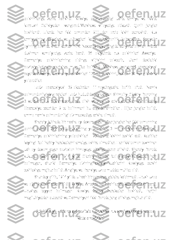 qo'shinlariga   zarba   berishdi.   Rossiya   qo'mondonligi   uchta   armiya   va   ikkita
korpusni   Galisiyadan   Ivangorod-Varshava   viloyatiga   o'tkazdi.   Qonli   janglar
boshlandi.   Ularda   har   ikki   tomondan   900   dan   ortiq   kishi   qatnashdi.   Rus
armiyasining   askarlari   va   ofitserlari   katta   qahramonlik   ko'rsatdilar.   Sentyabr
oyining boshida shtab-kapitan P.N. Nesterov havo jangida dunyoda birinchi marta
dushman   samolyotiga   zarba   berdi.   26   oktyabrda   rus   qo'shinlari   Avstriya-
Germaniya   qo'shinlarining   oldinga   siljishini   to'xtatib,   ularni   dastlabki
pozitsiyalariga   qaytarishga   muvaffaq   bo'lishdi.   Varshava-Ivangorod   operatsiyasi
paytida Avstriya-Germaniya qo'shinlari 100 ming kishini, ruslar - 50 ming kishini
yo'qotdilar.
Lodz   operatsiyasi   29-oktabrdan   11-noyabrgacha   bo‘lib   o‘tdi.   Nemis
qo'mondonligining   rejalari   Lodz   hududida   joylashgan   Shimoliy-G'arbiy   frontning
2   va   5-chi   rus   qo'shinlarini   o'rab   olish   va   mag'lub   etish   edi.   Nemislar   G'arbiy
Operatsiya   teatridan   9   ta   bo'linmani   bu   erga   ko'chirdilar   .   O'jar   janglar   bo'ldi,
ammo nemis qo'mondonligi o'z maqsadiga erisha olmadi.
Sharqiy jabhada bir necha oy davom etgan o‘jar janglar har ikki tomonning
qonini   quritdi.   1914   yilda   ruslarning   yo'qotishlari   2   million   kishini,   Avstriya-
Germaniya   qo'shinlarining   yo'qotishlari   -   950   ming   kishini   tashkil   etdi.   Raqiblar
keyingi faol harbiy harakatlarni amalga oshira olmadilar. Har ikki tomon taxminan
uch   oy   davom   etgan   pozitsion   himoyaga   o'tishga   qaror   qilishdi.   Sharqiy   frontda
sukunat   hukm   surdi.   1914   yilda   G'arbiy   frontda   faol   harbiy   harakatlar   ham
bo'lmagan,   chunki   Germaniya   o'zining   asosiy   kuchlarini   Rossiyaga   qarshi
tashlashga majbur bo'ldi. Angliya va Fransiya uzoq muddat muhlat oldi.
Shunday qilib, 1914 yilda u hech bir tomonga g'alaba keltirmadi. Urush uzoq
va   o'jar   bo'lishi   aniq   bo'ldi.   Rossiya   Antanta   ittifoqchilariga   katta   yordam   berdi.
Urushga   tayyor   bo'lmagan   Rossiya   harbiy   harakatlar   boshladi,   Parijni
mag'lubiyatdan qutqardi va Germaniyani ikki frontda jang qilishga majbur qildi.
2.2. 1915 yil - G'arbdagi pozitsion urush va rus armiyasining Sharqda
katta chekinishi 