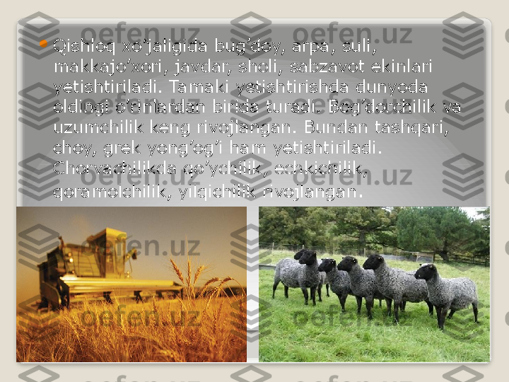 
Qishloq xo’jaligida bug’doy,  а rp а,  suli, 
makkajo’xori, javdar, sholi, sabzavot ekinlari 
yetishtiriladi. Tamaki yetishtirishda dunyoda 
oldingi o’rinlardan birida turadi. Bog’dorchilik va 
uzumchilik keng rivojlangan. Bundan tashqari, 
choy, grek yong’og’i ham yetishtiriladi. 
Chorvachilikda qo’ychilik, echkichilik, 
qoramolchilik, yilqichilik rivojlangan .   