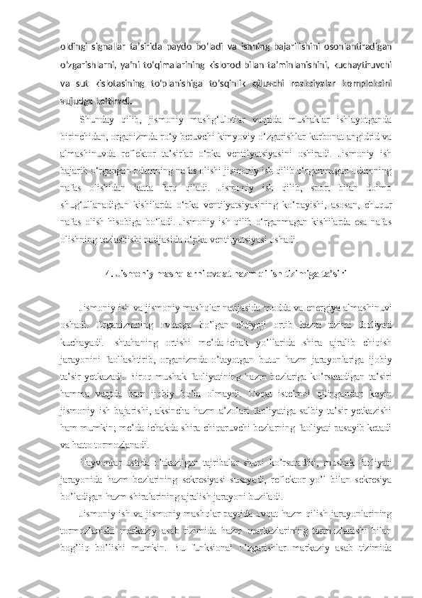 oldingi   signallar   ta’sirida     paydo   bo‘ladi   va   ishning   bajarilishini   osonlantiradigan
o‘zgarishlarni,   ya’ni   to‘qimalarining   kislorod   bilan   ta’minlanishini,   kuchaytiruvchi
va   sut   kislotasining   to‘planishiga   to‘sqinlik   qiluvchi   reaksiyalar   kompleksini
vujudga keltiradi.
Shunday   qilib,   jismoniy   mashg‘ulotlar   vaqtida   mushaklar   ishlayotganda
birinchidan, organizmda ro‘y beruvchi kimyoviy o‘zgarishlar-karbonat angidrid va
almashinuvda   reflektor   ta’sirlar   o‘pka   ventilyatsiyasini   oshiradi.   Jismoniy   ish
bajarib o‘rgangan odamning nafas olishi jismoniy ish qilib o‘rganmagan odamning
nafas   olishidan   katta   farq   qiladi.   Jismoniy   ish   qilib,   sport   bilan   doimo
shug‘ullanadigan   kishilarda   o‘pka   ventilyatsiyasining   ko‘payishi,   asosan,   chuqur
nafas   olish   hisobiga   bo‘ladi.   Jismoniy   ish   qilib   o‘rganmagan   kishilarda   esa   nafas
olishning tezlashishi natijasida o‘pka ventilyatsiyasi oshadi.
4. Jismoniy   mashqlarni   ovqat   hazm   qilish   tizimiga   ta’siri
Jismoniy ish va jismoniy mashqlar natijasida modda va energiya almashinuvi
oshadi.   Organizmning   ovqatga   bo’lgan   ehtiyoji   ortib   hazm   tizimi   faoliyati
kuchayadi.   Ishtahaning   ortishi   me’da-ichak   yo’llarida   shira   ajralib   chiqish
jarayonini   faollashtirib,   organizmda   o’tayotgan   butun   hazm   jarayonlariga   ijobiy
ta’sir   yetkazadi.   Biroq   mushak   faoliyatining   hazm   bezlariga   ko’rsatadigan   ta’siri
hamma   vaqtda   ham   ijobiy   bo’la   olmaydi.   Ovqat   iste’mol   qilingandan   keyin
jismoniy   ish   bajarishi,   aksincha   hazm   a’zolari   faoliyatiga   salbiy   ta’sir   yetkazishi
ham mumkin; me’da-ichakda shira chiqaruvchi bezlarning faoliyati pasayib ketadi
va hatto tormozlanadi.
Hayvonlar   ustida   o’tkazilgan   tajribalar   shuni   ko’rsatadiki,   mushak   faoliyati
jarayonida   hazm   bezlarining   sekresiyasi   susayadi,   reflektor   yo’l   bilan   sekresiya
bo’ladigan hazm shiralarining ajralish jarayoni buziladi.
Jismoniy ish va jismoniy mashqlar paytida ovqat hazm qilish jarayonlarining
tormozlanishi   markaziy   asab   tizimida   hazm   markazlarining   tormozlanishi   bilan
bog’liq   bo’lishi   mumkin.   Bu   funksional   o’zgarishlar   markaziy   asab   tizimida 