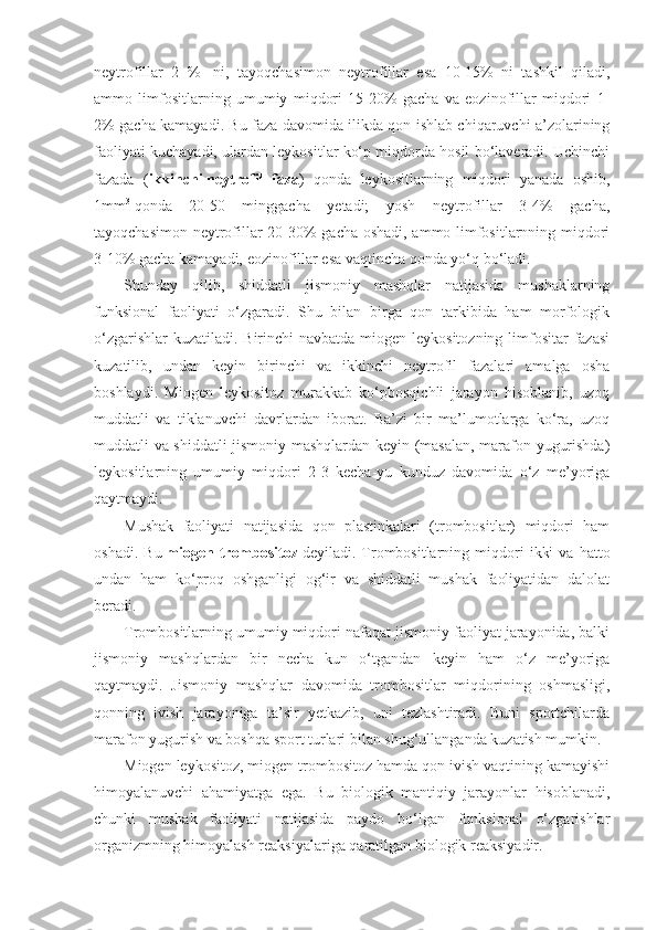 neytrofillar   2   %   -ni,   tayoqchasimon   neytrofillar   esa   10-15%   ni   tashkil   qiladi,
ammo   limfositlarning   umumiy   miqdori   15-20%   gacha   va   eozinofillar   miqdori   1-
2% gacha kamayadi. Bu faza davomida ilikda qon ishlab chiqaruvchi a’zolarining
faoliyati kuchayadi, ulardan leykositlar ko‘p miqdorda hosil bo‘laveradi. Uchinchi
fazada   ( ikkinchi   neytrofil   faza )   qonda   leykositlarning   miqdori   yanada   oshib,
1mm 3
  qonda   20-50   minggacha   yetadi;   yosh   neytrofillar   3-4%   gacha,
tayoqchasimon neytrofillar 20-30% gacha oshadi, ammo limfositlarnning miqdori
3-10% gacha kamayadi, eozinofillar esa vaqtincha qonda yo‘q bo‘ladi.
Shunday   qilib,   shiddatli   jismoniy   mashqlar   natijasida   mushaklarning
funksional   faoliyati   o‘zgaradi.   Shu   bilan   birga   qon   tarkibida   ham   morfologik
o‘zgarishlar  kuzatiladi. Birinchi  navbatda miogen leykositozning limfositar fazasi
kuzatilib,   undan   keyin   birinchi   va   ikkinchi   neytrofil   fazalari   amalga   osha
boshlaydi.   Miogen   leykositoz   murakkab   ko‘pbosqichli   jarayon   hisoblanib,   uzoq
muddatli   va   tiklanuvchi   davrlardan   iborat.   Ba’zi   bir   ma’lumotlarga   ko‘ra,   uzoq
muddatli va shiddatli jismoniy mashqlardan keyin (masalan, marafon yugurishda)
leykositlarning   umumiy   miqdori   2-3   kecha-yu   kunduz   davomida   o‘z   me’yoriga
qaytmaydi.
Mushak   faoliyati   natijasida   qon   plastinkalari   (trombositlar)   miqdori   ham
oshadi.   Bu   miogen   trombositoz   deyiladi.  Trombositlarning   miqdori   ikki   va   hatto
undan   ham   ko‘proq   oshganligi   og‘ir   va   shiddatli   mushak   faoliyatidan   dalolat
beradi.
Trombositlarning umumiy miqdori nafaqat jismoniy faoliyat jarayonida, balki
jismoniy   mashqlardan   bir   necha   kun   o‘tgandan   keyin   ham   o‘z   me’yoriga
qaytmaydi.   Jismoniy   mashqlar   davomida   trombositlar   miqdorining   oshmasligi,
qonning   ivish   jarayoniga   ta’sir   yetkazib,   uni   tezlashtiradi.   Buni   sportchilarda
marafon yugurish va boshqa sport turlari bilan shug‘ullanganda kuzatish mumkin.
Miogen leykositoz, miogen trombositoz hamda qon ivish vaqtining kamayishi
himoyalanuvchi   ahamiyatga   ega.   Bu   biologik   mantiqiy   jarayonlar   hisoblanadi,
chunki   mushak   faoliyati   natijasida   paydo   bo‘lgan   funksional   o‘zgarishlar
organizmning himoyalash reaksiyalariga qaratilgan biologik reaksiyadir. 