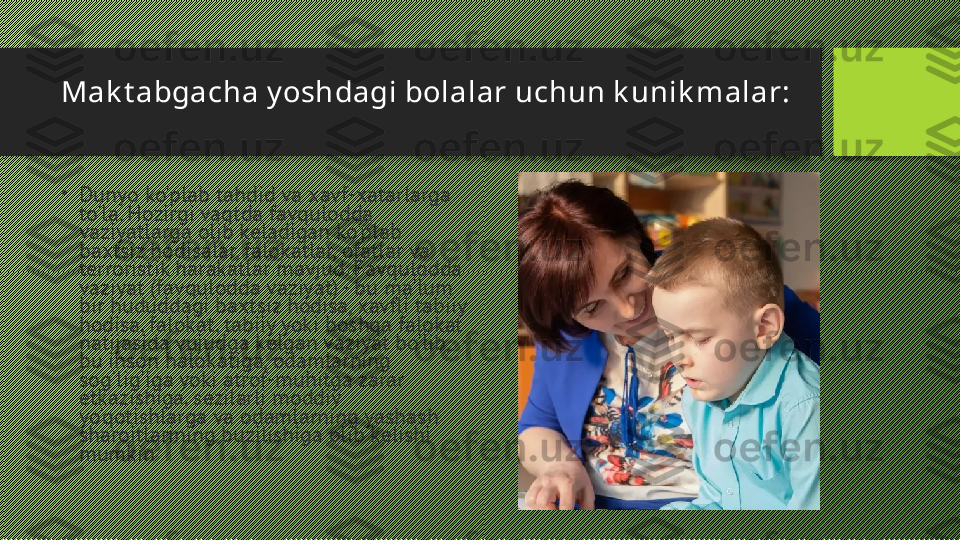 Mak t abgacha y oshdagi bolalar uchun k unik malar:
•
Dunyo ko'plab tahdid va xavf-xatarlarga 
to'la. Hozirgi vaqtda favqulodda 
vaziyatlarga olib keladigan ko'plab 
baxtsiz hodisalar, falokatlar, ofatlar va 
terroristik harakatlar mavjud. Favqulodda 
vaziyat (favqulodda vaziyat) - bu ma'lum 
bir hududdagi baxtsiz hodisa, xavfli tabiiy 
hodisa, falokat, tabiiy yoki boshqa falokat 
natijasida vujudga kelgan vaziyat bo'lib, 
bu inson halokatiga, odamlarning 
sog'lig'iga yoki atrof-muhitga zarar 
etkazishiga, sezilarli moddiy 
yo'qotishlarga va odamlarning yashash 
sharoitlarining buzilishiga olib kelishi 
mumkin 