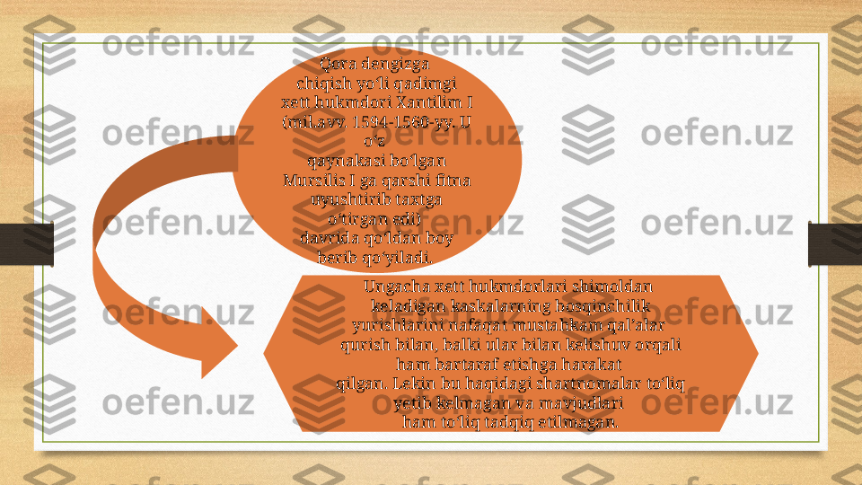 Qora dengizga 
chiqish yo‘li qadimgi 
xett hukmdori Xantilim I 
(mil.avv. 1594-1560-yy. U 
o‘z 
qaynakasi bo‘lgan 
Mursilis I ga qarshi fitna 
uyushtirib taxtga 
o‘tirgan edi) 
davrida qo‘ldan boy 
berib qo‘yiladi. 
Ungacha xett hukmdorlari shimoldan 
keladigan kaskalarning bosqinchilik 
yurishlarini nafaqat mustahkam qal’alar 
qurish bilan, balki ular bilan kelishuv orqali 
ham bartaraf etishga harakat 
qilgan. Lekin bu haqidagi shartnomalar to‘liq 
yetib kelmagan va mavjudlari 
ham to‘liq tadqiq etilmagan. 