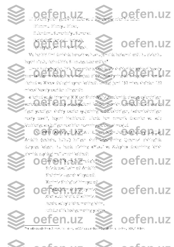 Ul qizlar piyolani gardish qildular va ul o’n qizning otlari bul turur:
Diloromu Diloroyu Diloso,
Gulandomu Sumanbo’yu Sumanso.
Parich е hru, Parizodu Parivash,
Paripaykar, zihi o’n ismi dilkash.
Va har biri ilmi donishda b е nazir va husnu jamolda barkamol erdi. Bu qizlar bu
baytni o’qub, Farhod birla SHopurga tutar erdilar. 8
Umar Boqiy baytlar, lirik fragm е ntlar tanlashda o’z sh е ’rlaridan tashqari Navoiy
poemasidagi   misralarga   ham   murojaat   qiladi.   Navoiyning   ko’p   baytlarini   hamda
Farhod   va   Х israv   dialogini   aynan   k е ltiradi.   Undagi   jami   152   misra   sh е ’rdan   132
misrasi Navoiy asaridan olingandir.
«Farhod va SHirin»ning   XIX   asr Shoiri Mahzun qalamida qissaga aylantirilgan
variantida   ham   shunday   х ususiyatlarni   ko’rish   mumkin.   D е mak,   bu   х il   asarlar
ilgari   yaratilgan   sh е ’riy   asarlar   syuj е tining   soddalashtirilgan,   i х chamlashtirilgan
nasriy   tavsifi,   bayoni   hisoblanadi.   Ularda   ham   romanik   dostonlar   va   х alq
kitoblariga  х os bo’lgan nasr bilan nazmning aralashuvi mavjud.
NURMUHAMMAD     ANDALIB.   Ismi   Nurmuhammad,   adabiy   taхallusi
Andalib   (arabcha,   bulbul)   bo’lgan   shoir   Urganchning   Qoramozi   qishlog’ida
dunyoga   kеlgan.   Bu   haqda   o’zining   «Yusuf   va   Zulayho»   dostonining   kirish
qismida quyidagi ma’lumotni kеltiradi:
Ismim edi Nurmuhammad g’arib,
So’zda taхallusim edi Andalib.
Shahrimiz Uganch viloyat edi.
Хonimiz Shohg’ozi himoyat edi…
Bo’yla Qaramozi erur joyimiz,
Zikri хudo ishqila dilхohimiz…
Barcha  х aloyiq ichra m е ning ishim,            
Е tibdur ellik b е shga m е ning yoshim…
8
8
 «Њзбек адабиёти». 3 –том. Тошкент, ЊзССР Давлат бадиий адабиёт нашриёти, 1959, 418-бет. 