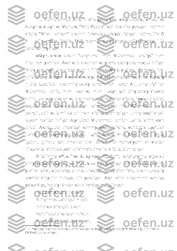 III.   Nurmuhammad   Andalib   epik   yo’nalishda   «Zaynularab»,   «Yusuf   va
Zulayho»,   «Layli   va   Majnun» ,   “Sa’d   Vaqqos”   kabi   dostonlar   yaratgan.   Tarjimon
sifatida “Mirzo Hamdam” dostonini forschadan turkiyga o’girgan. Tarjima O’zFA
SHI   qo’lyozmalar   fondida   6895   raqamda   saqlanayotgan   qo’lyozmaning   1-19
betlaridan joy olgan.
« Zaynularab»   dostoni   “Jangnomai   Imom   Muhammad   Hanafiya”   nomi
bilan   ham   yuritiladi.   Asar   xalq   dostonlari   va   yozma   adabiyotda   mavjud   bo’lgan
ishqiy-sarguzasht  dostonlarga yaqin bo’lib, masnaviyda yozilgan. Bu mavzu fors-
tojik   tilida   ijod   etgan   Kova   qizi   Roviya   (IX   asr)   hamda   o’zbek   shoiri   Sayqaliy
ijodida   kuzatiladi.   Dostonning   asosiy   qahramonlari   Hazrati   Ali,   uning   o’g’illari
Muhammad   Hanifa,   Imom   Hasan   va   Imom   Husayn   kabi   diniy-tariхiy   shaхslar
bo’lib, ular хalq qissalari va dostonlaridagi qahramonlar sifatida harakat qiladilar,
ezgulik   uchun   kurashadilar.   Bosh   qahramonlardan   biri   Muhammad   Hanifa
jasoratli,   aqlli   va   komil   axloqli   inson   sifatida   talqin   etilgan.   Uning   sevgilisi   asli
Rustam   naslidan   bo’lgan   Zaynularab   Muhammad   Hanifani   tushida   ko’rib   sevib
qoladi.   Asarda   ular   o’rtasidagi   samimiy   sеvgi,   do’stlik,   vafodorlik   tuyg’ulari
jozibali   qilib   tasvirlangan.   Malika   Tug’ro,   Amloq,   Shoh   Anqo,   Kibr,   Tahroq,
Qatron,   Qo’rqoq   kabi   timsollar   bosh   qahramonlar   ma’naviyatini   sinovlardan
o’tkazishda ishtirok etuvchi qo’shimcha timsollar sifatida talqin etilgan.   
Andalibning   «Yusuf   va   Zulayho» si 1
  “Qur’on”,   Rabg’uziyning   «Qasosul
anbiyo»si   tarkibidagi   «Qissai   Yusuf»   asosida   yaratilgan   bo’lib,   muallif   asarning
yozilish   tarixi,   sabablariga   alohida   to’xtaladi.   Uning   e’tiroficha,   doston   turkigo’y
qavmlar   ehtiyojini   inobatga   olib   yaratilgan.   Asar   oshiqi   pokdomonni   kamolga
yetkazishga, haqiqiy ishqdan saboq berishga mo’ljallangan:
Dedi alar: Andalibi benavo,
Ko’nglimiza tushti ajab mojaro.
Bor qisas ichra ajab doston
Ne bo’ladur qilsang ani bo’ston.
Yusuf-u Siddiq-u Zulayhoni sen,
1
  Bu mavzudagi dostonlar o’zbek va turkman adabiyotida Ali (XIII asr), Durbek (XIV-XV asrlar), Olim Devona 
(XIX asr) ijodida uchraydi. 