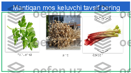 Mantiqan mos keluvchi tavsif bering
Petrushka
Isiriq Rovoch    