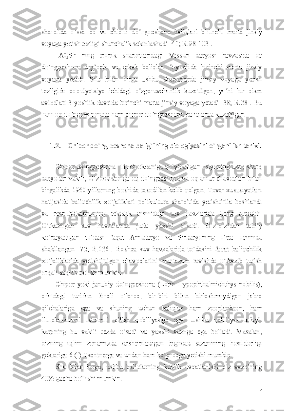 sharoitda   o ssa   oq   va   chipor   do ngpeshona   baliqlari   birinchi   marta   jinsiyʼ ʼ
voyaga yetish tezligi shunchalik sekinlashadi [41; R.98-103].
А QSh   ning   tropik   sharoitlaridagi   Missuri   daryosi   havzasida   oq
do ngpeshona   urg ochi   va   erkak   baliqlari   2-yoshida   birinchi   marta   jinsiy	
ʼ ʼ
voyaga   yetadi.   Shu   bilan   birga   ushbu   sharoitlarda   jinsiy   voyaga   yetish
tezligida   populyatsiya   ichidagi   o zgaruvchanlik   kuzatilgan,   ya ni   bir   qism	
ʼ ʼ
avlodlari 3-yoshlik davrida birinchi marta jinsiy voyaga yetadi [38; R.38]. Bu
ham oq do ngpeshonada ham chipor do ngpeshona baliqlarda kuzatilgan.	
ʼ ʼ
1.2. Chipor do`ng peshona  balig`ining biologiyasini  o ` rganilish tarixi .
Chipor do`ngpeshona- Tinch okeaniga qo`yiladigan osiyoning uzoq sharq
daryolari vakili, O`zbekistonga oq do`ngpeshona va oq amur chavoqlari bilan
birgalikda 1960 yillarning boshida tasodifan kelib qolgan. Tovar xususiyatlari
natijasida   baliqchilik   xo`jaliklari   polikultura   sharoitida   yetishtirila   boshlandi
va   respublikamizning   tekislik   qismidagi   suv   havzlarida   keng   tarqaldi.
O`tkazilgan   suv   havzalarida   juda   yaxshi   o`sadi.   O`z-o`zidan   tabiiy
ko`payadigan   to`dasi   faqat   Amudaryo   va   Sirdaryoning   o`rta   oqimida
shakllangan   [72;   B.136].   Boshqa   suv   havzalarida   to`dasini   faqat   baliqchilik
xo`jaliklarida   yetishtirilgan   chavoqlarini   muntazam   ravishda   o`tkazib   turish
orqali saqlab qolish mumkin. 
Chipor   yoki   janubiy   do`ngpeshona   (Lotin   Hypophthalmichthys   nobilis),
odatdagi   turidan   farqli   o`laroq,   bir-biri   bilan   birlashmaydigan   jabra
qilchalariga   ega   va   shuning   uchun   baliqlar   ham   zooplankton,   ham
fitoplanktonni   iste`mol   qilish   qobiliyatiga   ega.   Ushbu   qobiliyat   tufayli
karpning   bu   vakili   tezda   o`sadi   va   yaxshi   vaznga   ega   bo`ladi.   Masalan,
bizning   iqlim   zonamizda   etishtiriladigan   bighead   sazanining   hosildorligi
gektariga 6 (!) Tsentnerga va undan ham ko`proqga yetishi mumkin.
Shu   bilan   birga,   ushbu   baliqlarning   kunlik   ovqatlanishi   o`z   vaznining
40% gacha bo`lishi mumkin.
14 