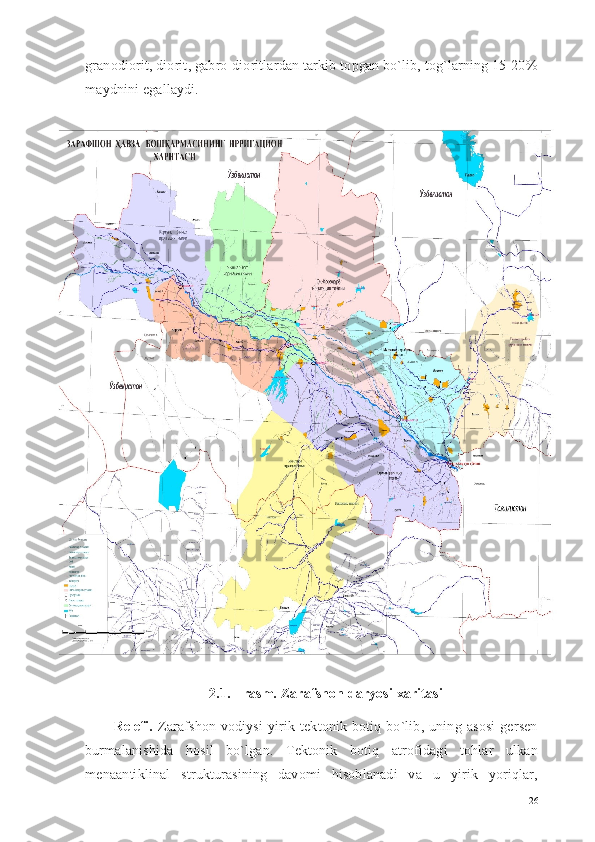 granodiorit, diorit, gabro-dioritlardan tarkib topgan bo`lib, tog`larning 15-20%
maydnini egallaydi.
2.1. - rasm. Zarafshon daryosi xaritasi
Relefi.   Zarafshon   vodiysi   yirik   tektonik   botiq   bo`lib,   uning   asosi   gersen
burmalanishida   hosil   bo`lgan.   Tektonik   botiq   atrofidagi   tohlar   ulkan
menaantiklinal   strukturasining   davomi   hisoblanadi   va   u   yirik   yoriqlar,
26 