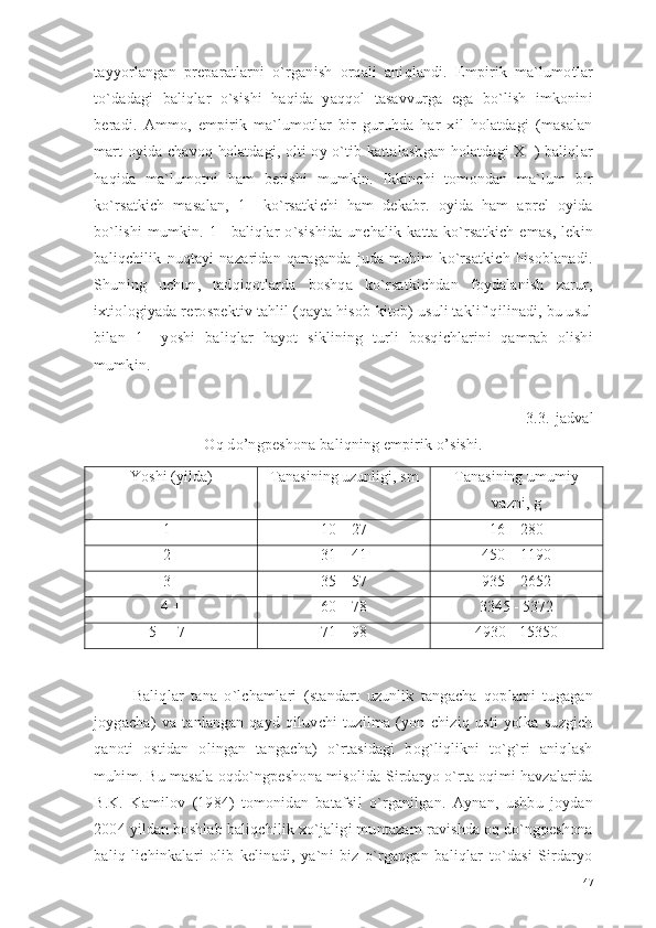 tayyorlangan   preparatlarni   o`rganish   orqali   aniqlandi.   Empirik   ma`lumotlar
to`dadagi   baliqlar   o`sishi   haqida   yaqqol   tasavvurga   ega   bo`lish   imkonini
beradi.   Ammo,   empirik   ma`lumotlar   bir   guruhda   har   xil   holatdagi   (masalan
mart oyida chavoq holatdagi, olti oy o`tib kattalashgan holatdagi X+) baliqlar
haqida   ma`lumotni   ham   berishi   mumkin.   Ikkinchi   tomondan   ma`lum   bir
ko`rsatkich   masalan,   1+   ko`rsatkichi   ham   dekabr.   oyida   ham   aprel   oyida
bo`lishi  mumkin.  1+  baliqlar  o`sishida  unchalik  katta  ko`rsatkich   emas,  lekin
baliqchilik   nuqtayi   nazaridan   qaraganda   juda   muhim   ko`rsatkich   hisoblanadi.
Shuning   uchun,   tadqiqotlarda   boshqa   ko`rsatkichdan   foydalanish   zarur,
ixtiologiyada rerospektiv tahlil (qayta hisob-kitob) usuli taklif qilinadi, bu usul
bilan   1+   yoshi   baliqlar   hayot   siklining   turli   bosqichlarini   qamrab   olishi
mumkin.
3.3.-jadval
Oq do’ngpeshona baliqning empirik o’sishi.
Yoshi (yilda) Tanasining uzunligi ,  sm Tanasining umumiy
vazni ,  g
1+ 1 0  – 2 7 1 6  – 2 8 0
2+ 3 1  – 4 1 4 5 0 – 1 19 0
3+ 3 5  – 5 7 9 35  – 26 52
4 + 6 0  – 7 8 33 45  - 53 72
5+ - 7+ 7 1  – 9 8 49 3 0 - 15 35 0
Baliqlar   tana   o`lchamlari   (standart   uzunlik   tangacha   qoplami   tugagan
joygacha)   va   tanlangan   qayd   qiluvchi   tuzilma   (yon   chiziq   usti   yolka   suzgich
qanoti   ostidan   olingan   tangacha)   o`rtasidagi   bog`liqlikni   to`g`ri   aniqlash
muhim. Bu masala oqdo`ngpeshona misolida Sirdaryo o`rta oqimi havzalarida
B.K.   Kamilov   (1984)   tomonidan   batafsil   o`rganilgan.   Aynan,   ushbu   joydan
2004 yildan boshlab baliqchilik xo`jaligi muntazam ravishda oq do`ngpeshona
baliq   lichinkalari   olib   kelinadi,   ya`ni   biz   o`rgangan   baliqlar   to`dasi   Sirdaryo
47 