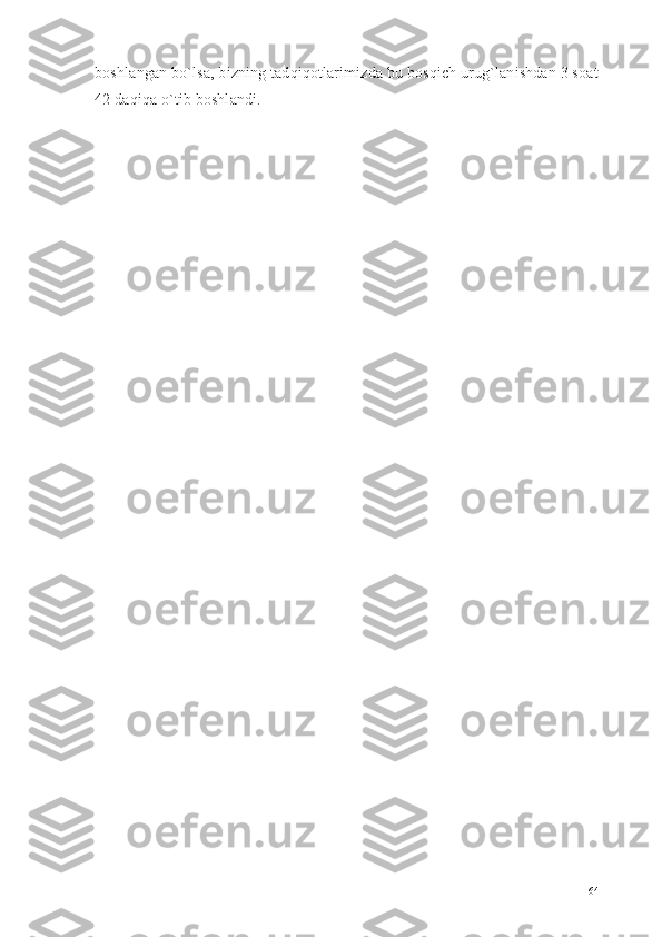 boshlangan bo`lsa, bizning tadqiqotlarimizda bu bosqich urug`lanishdan 3 soat
42 daqiqa o`tib boshlandi.
64 