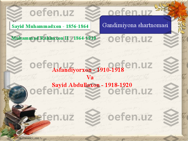 Sayid Muhammadxon - 1856-1864 Gandimiyona shartnomasi
Muhammad Rahimxon II - 1864-1910
Asfandiyorxon - 1910-1918
                       Va
Sayid Abdullaxon - 1918-1920 