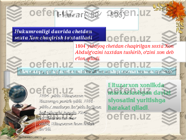 ?????????????????????????????????????????? (1804-1806)
     ???????????????????????????????????????????????????????????????????????? ?????????????????????????????????????????? ??????????????????????????????????????????
     
?????????????????????????????? ?????????????????? ?????????????????????????????????????????????????????? ???????????? '	??????????????????????????????????????????????????????
1804           	
?????????????????????????????????????????? ??????ℎ?????????????????????????????? ??????ℎ?????????????????????????????????????????????????????? ?????????????????????????????? ??????????????????
'     ,  '      	
???????????????????????????????????? ?????????????????????????????? ?????????????????????????????????????????? ??????????????????ℎ???????????????????????? ?????? ???????????????????????? ?????????????????? ??????????????????
'   .
?????? ?????????????????? ????????????????????????????????????
Shu tariqa, qo’ng’irotlar sulolasi Xiva xonligi taxtini rasman egalladi.
   	
???????????????????????????????????????????????????????????? ????????????????????????????????????????????????
   
?????????????????????????????????????????????????????????????????????????????? ????????????????????????????????????
   
???????????????????????????????????????????????????????????? ????????????????????????????????????????????????????????????
 
?????????????????????????????????????????? ???????????????????????????????????? .1804- yilda Eltuzarxon 
Buxoroga yurish qildi.	
 1806-
yilda	
  Amudaryo bo’yida bo’lgan 
hal qiluvchi jangda  	
Xiva 
qo’shinlari tor-mor 
etildi,	
 Eltuzarxon ham halok 
bo’ldi.  