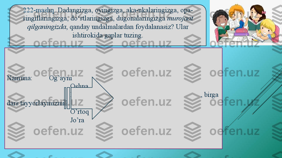 222-mashq.  Dadangizga, oyingizga, aka-ukalaringizga, opa-
singillaringizga, do‘stlaringizga, dugonalaringizga  murojaat 
qilganingizda , qanday undalmalardan foydalanasiz? Ular 
ishtirokida gaplar tuzing.
Namuna:  Og’ayni
Oshna
Do’st,    , birga 
dars tayyorlaymizmi?
O’rtoq
Jo’ra 