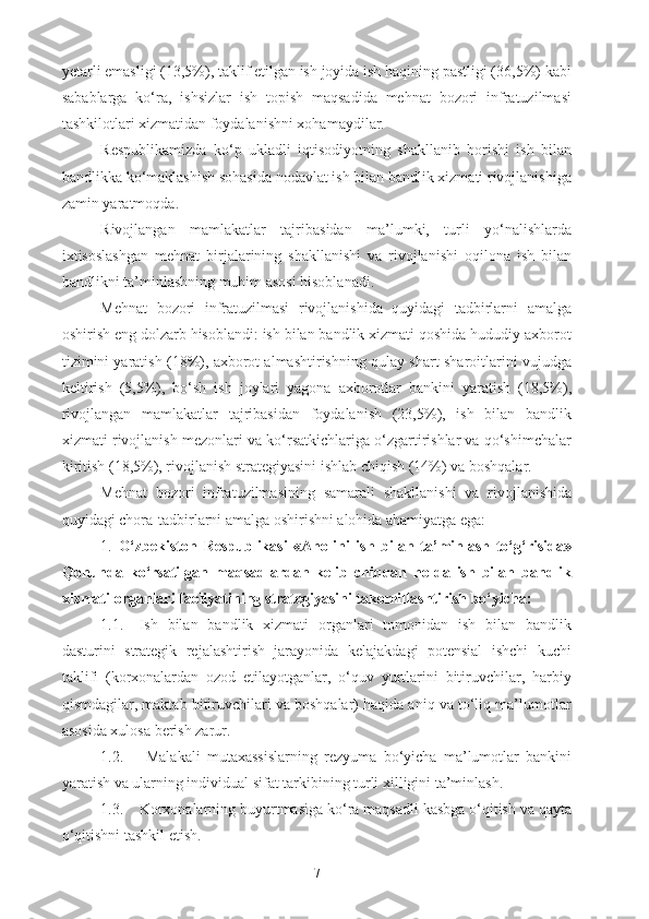 yetarli emasligi (13,5%), taklif etilgan ish joyida ish haqining pastligi (36,5%) kabi
sabablarga   ko‘ra,   ishsizlar   ish   topish   maqsadida   mehnat   bozori   infratuzilmasi
tashkilotlari xizmatidan foydalanishni xohamaydilar. 
Respublikamizda   ko‘p   ukladli   iqtisodiyotning   shakllanib   borishi   ish   bilan
bandlikka ko‘maklashish sohasida nodavlat ish bilan bandlik xizmati rivojlanishiga
zamin yaratmoqda. 
Rivojlangan   mamlakatlar   tajribasidan   ma’lumki,   turli   yo‘nalishlarda
ixtisoslashgan   mehnat   birjalarining   shakllanishi   va   rivojlanishi   oqilona   ish   bilan
bandlikni ta’minlashning muhim asosi hisoblanadi. 
Mehnat   bozori   infratuzilmasi   rivojlanishida   quyidagi   tadbirlarni   amalga
oshirish eng dolzarb hisoblandi: ish bilan bandlik xizmati qoshida hududiy axborot
tizimini yaratish (18%), axborot almashtirishning qulay shart-sharoitlarini vujudga
keltirish   (5,5%),   bo‘sh   ish   joylari   yagona   axborotlar   bankini   yaratish   (18,5%),
rivojlangan   mamlakatlar   tajribasidan   foydalanish   (23,5%),   ish   bilan   bandlik
xizmati rivojlanish mezonlari va ko‘rsatkichlariga o‘zgartirishlar va qo‘shimchalar
kiritish (18,5%), rivojlanish strategiyasini ishlab chiqish (14%) va boshqalar.
Mehnat   bozori   infratuzilmasining   samarali   shakllanishi   va   rivojlanishida
quyidagi chora-tadbirlarni amalga oshirishni alohida ahamiyatga ega: 
1.   O‘zbekiston   Respublikasi   «Aholini   ish   bilan   ta’minlash   to‘g‘risida»
Qonunda   ko‘rsatilgan   maqsadlardan   kelib   chiqqan   holda   ish   bilan   bandlik
xizmati organlari faoliyatining strategiyasini takomillashtirish bo‘yicha: 
1.1. Ish   bilan   bandlik   xizmati   organlari   tomonidan   ish   bilan   bandlik
dasturini   strategik   rejalashtirish   jarayonida   kelajakdagi   potensial   ishchi   kuchi
taklifi   (korxonalardan   ozod   etilayotganlar,   o‘quv   yurtlarini   bitiruvchilar,   harbiy
qismdagilar, maktab bitiruvchilari va boshqalar) haqida aniq va to‘liq ma’lumotlar
asosida xulosa berish zarur.
1.2.   Malakali   mutaxassislarning   rezyuma   bo‘yicha   ma’lumotlar   bankini
yaratish va ularning individual sifat tarkibining turli xilligini ta’minlash.
1.3. Korxonalarning buyurtmasiga ko‘ra maqsadli kasbga o‘qitish va qayta
o‘qitishni tashkil etish.
7 