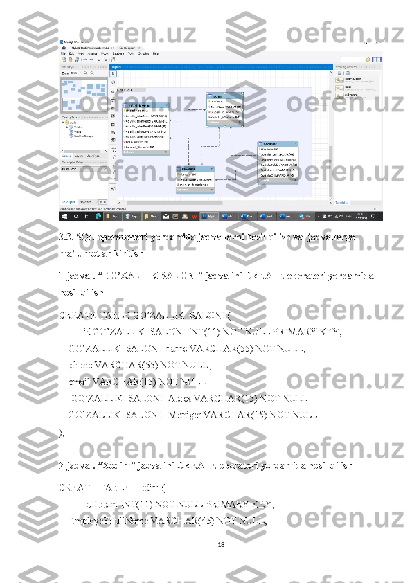 3.3. SQL operatorlari yordamida jadvallarni hosil qilish va  jadvallarga 
ma’lumotlar kiritish
1-jadval. “ GO’ZALLIK SALONI ” jadvalini CREATE operatori yordamida 
hosil qilish
CREATE TABLE  GO’ZALLIK_SALONI  (
id   GO’ZALLIK_SALONI  INT(11) NOT NULL PRIMARY KEY,
     GO’ZALLIK_SALONI _name VARCHAR(55) NOT NULL,
     phone VARCHAR(55) NOT NULL,
     email VARCHAR(15) NOT NULL
      GO’ZALLIK_SALONI _Adres VARCHAR(15) NOT NULL
     GO’ZALLIK_SALONI  _Meniger VARCHAR(15) NOT NULL
);
2-jadval. “Xodim” jadvalini CREATE operatori yordamida hosil qilish
CREATE TABLE  Hodim  (
idHodim INT(11) NOT NULL PRIMARY KEY,
     EmployeEFullName VARCHAR(45) NOT NULL,
18 