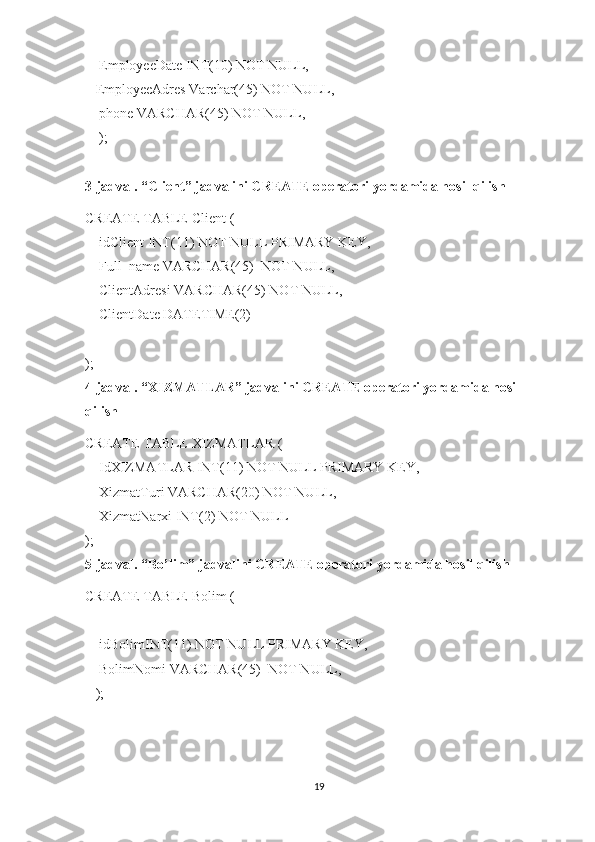      EmployeeDate INT(10) NOT NULL,
    EmployeeAdres Varchar(45) NOT NULL,
     phone VARCHAR(45) NOT NULL,
     );
 
3-jadval. “Client” jadvalini CREATE operatori yordamida hosil qilish
CREATE TABLE  Client  (
     idClient INT(11) NOT NULL PRIMARY KEY,
     Full_name VARCHAR(45)  NOT NULL,
     ClientAdresi VARCHAR(45) NOT NULL,
     ClientDate DATETIME(2)
    
);
4-jadval. “XIZMATLAR” jadvalini CREATE operatori yordamida hosil 
qilish
CREATE TABLE  XIZMATLAR  (
     Id XIZMATLAR  INT(11) NOT NULL PRIMARY KEY,
     Xizmat Turi VARCHAR(20) NOT NULL,
     XizmatNarxi  INT(2) NOT NULL
);
5-jadval. “Bo’lim” jadvalini CREATE operatori yordamida hosil qilish
CREATE TABLE Bolim   (
     idBolimINT(11) NOT NULL PRIMARY KEY,
     BolimNomi VARCHAR(45)  NOT NULL,
    );
19 