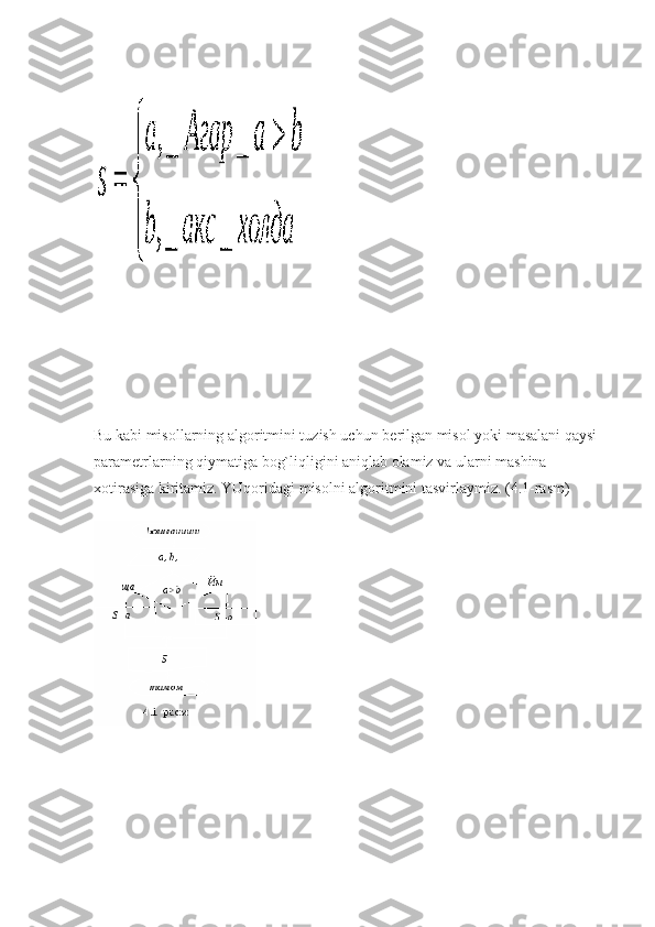  
Bu kabi misollarning algoritmini tuzish uchun b е rilgan misol yoki masalani qaysi 
param е trlarning qiymatiga bog`liqligini aniqlab olamiz va ularni mashina 
xotirasiga kiritamiz. YUqoridagi misolni algoritmini tasvirlaymiz. (4.1-rasm) 