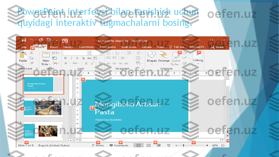 PowerPoint interfeysi bilan tanishish uchun 
quyidagi interaktiv tugmachalarni bosing.                   