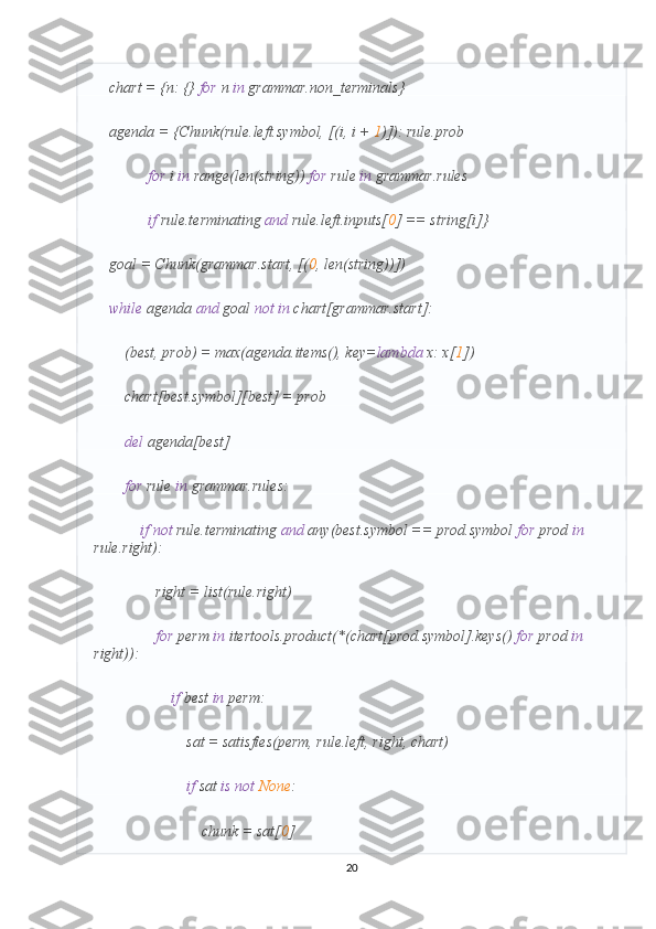     chart = {n: {}  for  n  in  grammar.non_terminals}
    agenda = {Chunk(rule.left.symbol, [(i, i +  1 )]): rule.prob
               for  i  in  range(len(string))  for  rule  in  grammar.rules
               if  rule.terminating  and  rule.left.inputs[ 0 ] == string[i]}
    goal = Chunk(grammar.start, [( 0 , len(string))])
     while  agenda  and  goal  not   in  chart[grammar.start]:
        (best, prob) = max(agenda.items(), key= lambda  x: x[ 1 ])
        chart[best.symbol][best] = prob
         del  agenda[best]
         for  rule  in  grammar.rules:
             if   not  rule.terminating  and  any(best.symbol == prod.symbol  for  prod  in  
rule.right):
                right = list(rule.right)
                 for  perm  in  itertools.product(*(chart[prod.symbol].keys()  for  prod  in  
right)):
                     if  best  in  perm:
                        sat = satisfies(perm, rule.left, right, chart)
                         if  sat  is   not   None :
                            chunk = sat[ 0 ]
20 