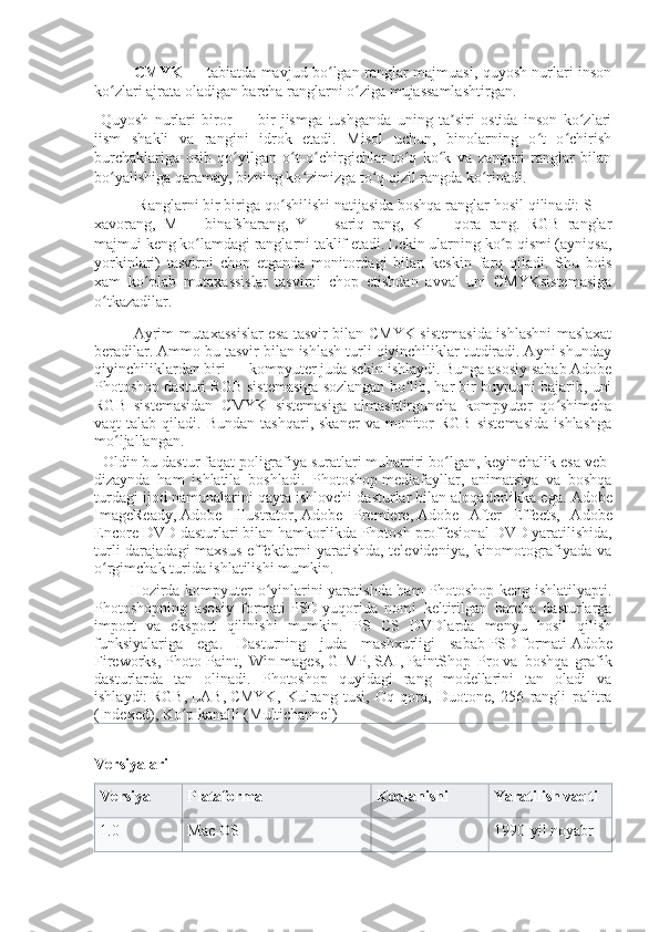 CMYK   — tabiatda mavjud bo lgan ranglar majmuasi, quyosh nurlari insonʻ
ko zlari ajrata oladigan barcha ranglarni o ziga mujassamlashtirgan.	
ʻ ʻ
  Quyosh   nurlari   biror   —   bir   jismga   tushganda   uning   ta siri   ostida   inson   ko zlari	
ʼ ʻ
jism   shakli   va   rangini   idrok   etadi.   Misol   uchun,   binolarning   o t   o chirish	
ʻ ʻ
burchaklariga   osib   qo yilgan   o t   o chirgichlar   to q   ko k   va   zangori   ranglar   bilan	
ʻ ʻ ʻ ʻ ʻ
bo yalishiga qaramay, bizning ko zimizga to q qizil rangda ko rinadi. 	
ʻ ʻ ʻ ʻ
 Ranglarni bir biriga qo shilishi natijasida boshqa ranglar hosil qilinadi: S	
ʻ   —
xavorang,   M   —   binafsharang,   Y   —   sariq   rang,   K   —   qora   rang.   RGB   ranglar
majmui keng ko lamdagi ranglarni taklif etadi. Lekin ularning ko p qismi (ayniqsa,	
ʻ ʻ
yorkinlari)   tasvirni   chop   etganda   monitordagi   bilan   keskin   farq   qiladi.   Shu   bois
xam   ko plab   mutaxassislar   tasvirni   chop   etishdan   avval   uni   CMYKsistemasiga	
ʻ
o tkazadilar. 	
ʻ
  Ayrim mutaxassislar esa tasvir bilan CMYK sistemasida ishlashni maslaxat
beradilar. Ammo bu tasvir bilan ishlash turli qiyinchiliklar tutdiradi. Ayni shunday
qiyinchiliklardan biri   — kompyuter juda sekin ishlaydi. Bunga asosiy sabab Adobe
Photoshop dasturi RGB sistemasiga sozlangan bo lib, har bir buyruqni bajarib, uni	
ʻ
RGB   sistemasidan   CMYK   sistemasiga   almashtirguncha   kompyuter   qo shimcha	
ʻ
vaqt   talab  qiladi.  Bundan   tashqari,  skaner  va  monitor   RGB   sistemasida  ishlashga
mo ljallangan. 	
ʻ
  Oldin bu dastur faqat   poligrafiya   suratlari muharriri bo lgan, keyinchalik esa veb-	
ʻ
dizaynda   ham   ishlatila   boshladi.   Photoshop   mediafayllar ,   animatsiya   va   boshqa
turdagi ijod namunalarini qayta ishlovchi dasturlar bilan aloqadorlikka ega.   Adobe
ImageReady ,   Adobe   Illustrator ,   Adobe   Premiere ,   Adobe   After   Effects ,   Adobe
Encore DVD dasturlari bilan hamkorlikda Photosh proffesional   DVD   yaratilishida,
turli darajadagi maxsus effektlarni yaratishda, televideniya, kinomotografiyada va
o rgimchak turida ishlatilishi mumkin.	
ʻ
             Hozirda kompyuter o yinlarini yaratishda ham Photoshop keng ishlatilyapti.	
ʻ
Photoshopning   asosiy   formati   PSD   yuqorida   nomi   keltirilgan   barcha   dasturlarga
import   va   eksport   qilinishi   mumkin.   PS   CS   DVDlarda   menyu   hosil   qilish
funksiyalariga   ega.   Dasturning   juda   mashxurligi   sabab   PSD   formati   Adobe
Fireworks ,   Photo-Paint ,   WinImages,   GIMP ,   SAI ,   PaintShop   Pro   va   boshqa   grafik
dasturlarda   tan   olinadi.   Photoshop   quyidagi   rang   modellarini   tan   oladi   va
ishlaydi:   RGB ,   LAB ,   CMYK ,   Kulrang   tusi,   Oq-qora,   Duotone,   256   rangli   palitra
(Indexed), Ko p kanalli (Multichannel) 	
ʻ
Versiyalari
Versiya Plataforma Kodlanishi Yaratilish vaqti
1.0 Mac OS 1990-yil noyabr 