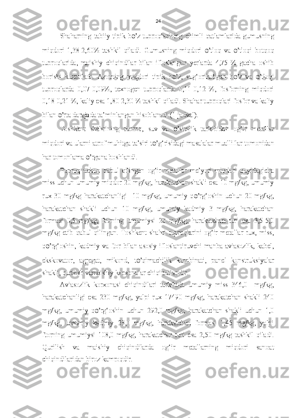 24
Shaharning   tabiiy   tipik   b o’ z   tuproqlarining   chimli   qatlamlarida   gumusning
miqdori   1,38-2,60%   tashkil   qiladi.   Gumusning   miqdori   o’ tloq   va   o’ tloqi   botqoq
tuproqlarida,   maishiy   chiqindilar   bilan   ifloslangan   yerlarda   4,75   %   gacha   oshib
borishi   kuzatiladi.   Azotning   miqdori   tipik   b o’ z,   sug‘oriladigan   b o’ z   va   o’ tloqi
tuproqlarda   0,07-0,09%,   texnogen   tuproqlarda   0,11-0,12   %,   fosforning   miqdori
0,18-0,21 %, kaliy esa 1,80-2,30 % tashkil qiladi. Shahar tuproqlari fosfor va kaliy
bilan  o’ rta darajada ta’minlangan hisoblanadi (1 jadval).
Toshkent   shahrining   tuproq,   suv   va   o’ simlik   tarkibidan   og‘ir   metallar
miqdori va ularni atrof muhitga ta’siri t o’ g‘risidagi masalalar mualliflar tomonidan
har tomonlama  o’ rgana boshlandi. 
Tuproq   uchun   qabul   qilingan   og‘ir   metallar   me’yori   miqdori   quyidagicha
miss uchun umumiy miqdor 20 mg/kg, harakatchan shakli esa 10 mg/kg, umumiy
rux   30   mg/kg   harakatchanligi     10   mg/kg,   umumiy   q o’ rg‘oshin   uchun   20   mg/kg,
harakatchan   shakli   uchun   10   mg/kg,   umumiy   kadmiy   3   mg/kg,   harakatchan
formasi   0,5   mg/kg,   ftorning   umumiysi   20   mg/kg,   harakatchan   turi   esa   3,5-5,0
mg/kg   etib   qabul   qilingan.   Toshkent   shahri   tuproqlarini   og‘ir   metallar   rux,   miss,
q o’ rg‘oshin, kadmiy va ftor  bilan asosiy  ifloslantiruvchi  manba aviasozlik,  kabel,
ekskovator,   agregat,   mikond,   t o’ qimachilik   kombinati,   panel   konstruksiyalar
shakli, qurilish vamaishiy korxonalar chiqindilaridir.
Aviasozlik   korxonasi   chiqindilari   tarkibida   umumiy   miss   346,0     mg/kg,
harakatchanligi   esa   230   mg/kg,   yalpi   rux   17490   mg/kg,   harakatchan   shakli   240
mg/kg,   umumiy   q o’ rg‘oshin   uchun   292,0   mg/kg,   harakatchan   shakli   uchun   1,0
mg/kg,   umumiy   kadmiy   28,0   mg/kg,   harakatchan   formasi   1,45   mg/kg,   yalpi
ftorning   umumiysi   108,0   mg/kg,   harakatchan   turi   esa   2,50   mg/kg   tashkil   qiladi.
Qurilish   va   maishiy   chiqindilarda   og‘ir   metallarning   miqdori   sanoat
chiqindilaridan biroz kamroqdir.  