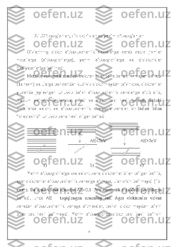 4 	
 
 	
 	
2.1.O‘tkazgichlar, dielektriklar va yarim o‘tkazgichlar	 	
 	
 	O‘zlarining  elektr  o‘tkazuvchanlik  xossalariga  qarab  qattiq  jismlar 	
metallarga  (o‘tkazgichlarga),  yarim  o‘tkazgichlarga  va  dielektriklar 
(izolyatorlar)ga bo‘linadi.	 	
Metallar energetik zonalari 	elektron bilan to‘la band qilinmagan bo‘ladi 	
(1a	-rasm) va ularga tashqaridan kuchsiz elektr maydon ta’sir etsa, elektronlar 	
yuqorida  joylashgan  uzluksiz  bo‘sh  o‘tkazuvchanlik  zonalariga  o‘tib  olib, 
ma’lum  yo‘nalishda  harakat  qiladi  va  elektr  toki  hosil  bo‘	ladi.  Sababi 	
metallarda  valent  va  o‘tkazuvchanlik  energetik  zonalar  bir	-birlari  bilan 	
“chaplashib” uzluksiz zona hosil qilgan bo‘ladi.	 	
 
 
                                                      	Δ	E<2eV                             	Δ	E>2eV 	  	
 
 
              	a)                                     b)                             	          	v)    	 	
Yarim  o‘tkazgichlarga  esa  valent  zona  elektronlar  bilan  to‘lgan  bo‘lib, 	
agar elektronlar o‘tkazuvchanlik zonasiga o‘tmasa, ula	r erkin bo‘lmaydi (1b	-	
rasm).  Bu  zona  valent  zonadan 	Δ	E~0,1	2eV  energetik  masofada  joylashgan 	
bo‘ladi,  unda 	Δ	E 	– taqiqlangan  zonaning  eni.  Agar  elektronlar  valent 	
zonadan  o‘tkazuvchanlik  zonaga  o‘tmasalar,  tashqi  elektr  maydon  ta’siri 
bilan  tok  hosil  bo‘lma	ydi.  Yarim  o‘tkazgichda  elektr  toki  hosil  bo‘lishi  