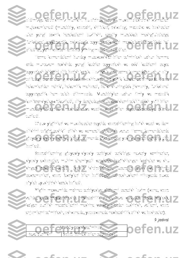 oldimizga keltirishimiz mumkin. Bu o‘rinda turli xil muvoffiqlashtirish xizmatlari
mujassamlanadi   (murabbiy,   sportchi,   shifokor,   psixolog,   metodist   va   boshqalar
ular   yangi   texnik   harakatlarni   tuzilishi,   amaliy   murakkab   mashg‘ulotlarga
funksional   tayyorgarlik,   psixologik   tayyorgarlik   kabi   masalalarni   birgalikda   hal
qiladilar, ya’ni sportchilar 2005 yilning modelini tuzadilar.
Terma   komandalarni   bunday   mutaxassislar   bilan   ta’minlash   uchun   hamma
erda   muntazam   ravishda   yangi   kadrlar   tayyorlash   va   eski   kadrlarni   qayta
tayyorlash ishlarini olib borish kerak. Hozirgi kunda terma komandalar uchun oliy
toifadagi   trenerlarning   malakasini   oshiruvchi   bir   yillik   kurslar   ochilmoqda.   Sport
hakamlaridan   nainki,   hakamlik   mahorati,   balki   shuningdek   jismoniy,   funksional
tayyorgarlik   ham   talab   qilinmoqda.   Murabbiylar   uchun   ilmiy   va   metodik
konferensiyalar o‘tkaziladi, oliy darajadagi mutaxassislarni taklif qilish yo‘li bilan
murabbiylar   tajriba   almashadilar   va   vaqti   -   vaqti   bilan   qayta   attestatsiya   qilinib
turiladi.
O‘quv yig‘inlari  va  musobaqalar  paytida sportchilarning bo‘sh  vaqti  va dam
olishini   to‘g‘ri   tashkil   qilish   va   samarali   o‘tkazish   zarur.   Terma   komandalarda
g‘oyaviy-siyosiy tarbiya ishlari, komanda a’zolarining yoshiga qarab turlicha olib
boriladi.
Sportchilarning   g‘oyaviy-siyosiy   tarbiyasi   tarkibiga   nazariy   seminarlar,
siyosiy   axborotlar,   muhim   ahamiyatli   sanalarga   bag‘ishlangan   kechalar   va   shu
singari   tadbirlar   kiradi.   Inqilob   ishtirokchilari,   fuqarolar   urushi   va   mehnat
qaxramonlari,   sport   faxriylari   bilan   bo‘ladigan   uchrashuvlarni   nihoyatda   puxta
o‘ylab uyushtirish kerak bo‘ladi.
Yig‘in   mavsumida   mehnat   tarbiyasiga   e’tiborni   qaratish   lozim   (xona,   sport
zalida,   sport   maydonchasida   navbatchilik   qilish,   baza   xududini   ozoda   saqlash,
kelgan   qurilish   materiallarini   mashina   va   vagonlardan   tushirish,   zallarni,   sport
anjomlarni ta’mirlash, oshxonada, yotoqxonada navbatchilik qilish va boshqalar).
9-jadval
Moddiy-texnik ta’minoti
Baza qurilishi Sport formasi bilan ta’minlash 