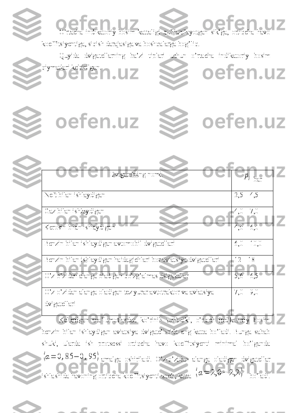 O’rtacha   indikatoriy   bosim   kattaligi   qo’llanilayotgan   siklga,   ortiqcha   havo
koeffitsiyentiga, siqish darajasiga va boshqalarga bog’liq.
Quyida   dvigatellarning   ba’zi   tiplari   uchun   o’rtacha   indi katoriy   bosim
qiymatlari keltirilgan.
Dvigatelning nomi.pi
 bar
Neft bilan ishlaydigan 2,5—4,5
Gaz bilan ishlaydigan 4,0—7,0
Kerosin bilan ishlaydigan 4,0—6,0
Benzin bilan ishlaydigan avtomobil dvigatellari 6,0—10,0
Benzin bilan ishlaydigan haidagichlari bor aviatsiya dvigatellari 12—18
O’z-o’zidan alanga oladigan qo’zg’almas daigatellar 5,6—6,5
O’z-o’zidan alanga oladigan tez yurar avtotraktor va aviatsiya 
dvigatellari 7,0—9,0
Keltirilgan   ma’lumotlardan   ko’rinib   turibdiki,   o’rtach   indikatoriy   bosim
benzin   bilan   ishlaydigan   aviatsiya   dvigatellarida   eng   katta   bo’ladi.   Bunga   sabab
shuki,   ularda   ish   protsessi   ortiqcha   havo   koeffitsiyenti   minimal   bo’lganda	
(α=	0	,85	−	0	,95	)
amalga   oshiriladi.   O’z-o’zidan   alanga   oladigan   dvigatellar
ishlashida havoning ortiqcha koeffitsiyenti anch, katta 	
(α	=	2,0	−	2,2	)    bo’ladi. 