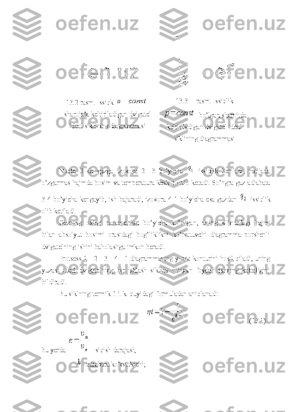 13.2-rasm. Issiqk υ=	const
sharoitda keltiriladigan dvigatel
ideal siklining diagrammasi 13.3— rasm. Issiqlik	
p=	const
 bo’lgan sharoitda
keltiriladigan dvigatel ideal
siklining diagrammasi
Nuqta   2   da   gazga   izoxora   2—3   bo’yicha  	
q1   issiqlik   beriladi,   natijada
o’zgarmas hajmda bosim va temperatura keskin ortib ketadi. So’ngra gaz adiabata
3-4  bo’yicha  kengayib,  ish  bajaradi, izoxora  4-1  bo’yicha  esa  gazdan  	
q2   issiqlik
olib ketiladi.
Gazning   oxirgi   parametrlari   bo’yicha   ko’rilgan,   uning   silindrdagi   hajmi
bilan   absolyut   bosimi   orasidagi   bog’liklikni   ko’rsatuvchi   diagramma   porshenli
dvigatelning ishini baholashga imkon beradi.
Protsess 1—2—3—4—1 diagrammaning yopiq konturini hosil qiladi, uning
yuzasi   ideal   dvigatelning   bir   ishlash   siklida   olingan   foydali   ishning   kattaligini
bildiradi.
Bu siklning termik f. i. k. quyidagi formuladan aniqlanadi:	
ηt	=	1−	1
εk−1
(13.1)
bu yerda 	
ε=	
υa
υe - siqish darajasi;	
k
- adiabata ko’rsatkichi;  